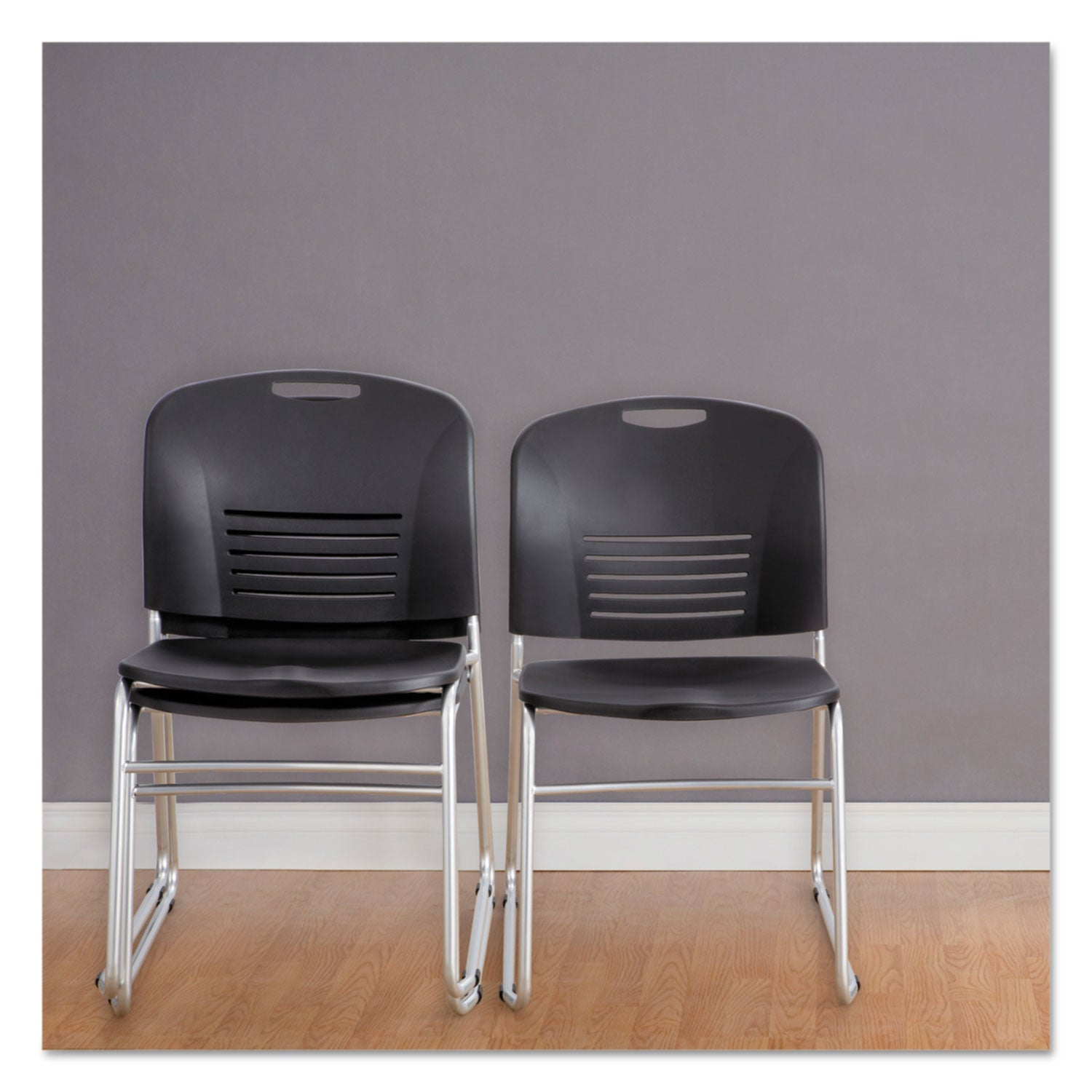 Safco® Vy Series Stack Chairs, Supports Up to 350 lb, 18.75" Seat Height, Black Seat, Black Back, Silver Base, 2/Carton