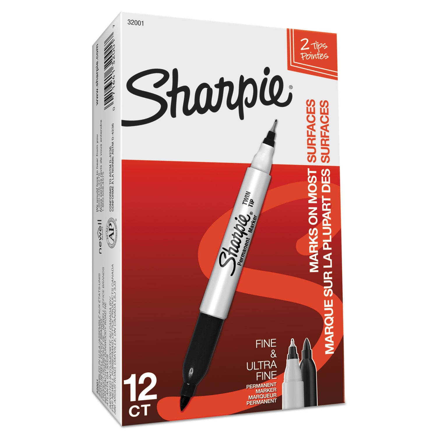 Sharpie® Twin-Tip Permanent Marker, Extra-Fine/fine Bullet Tips, Black, Dozen