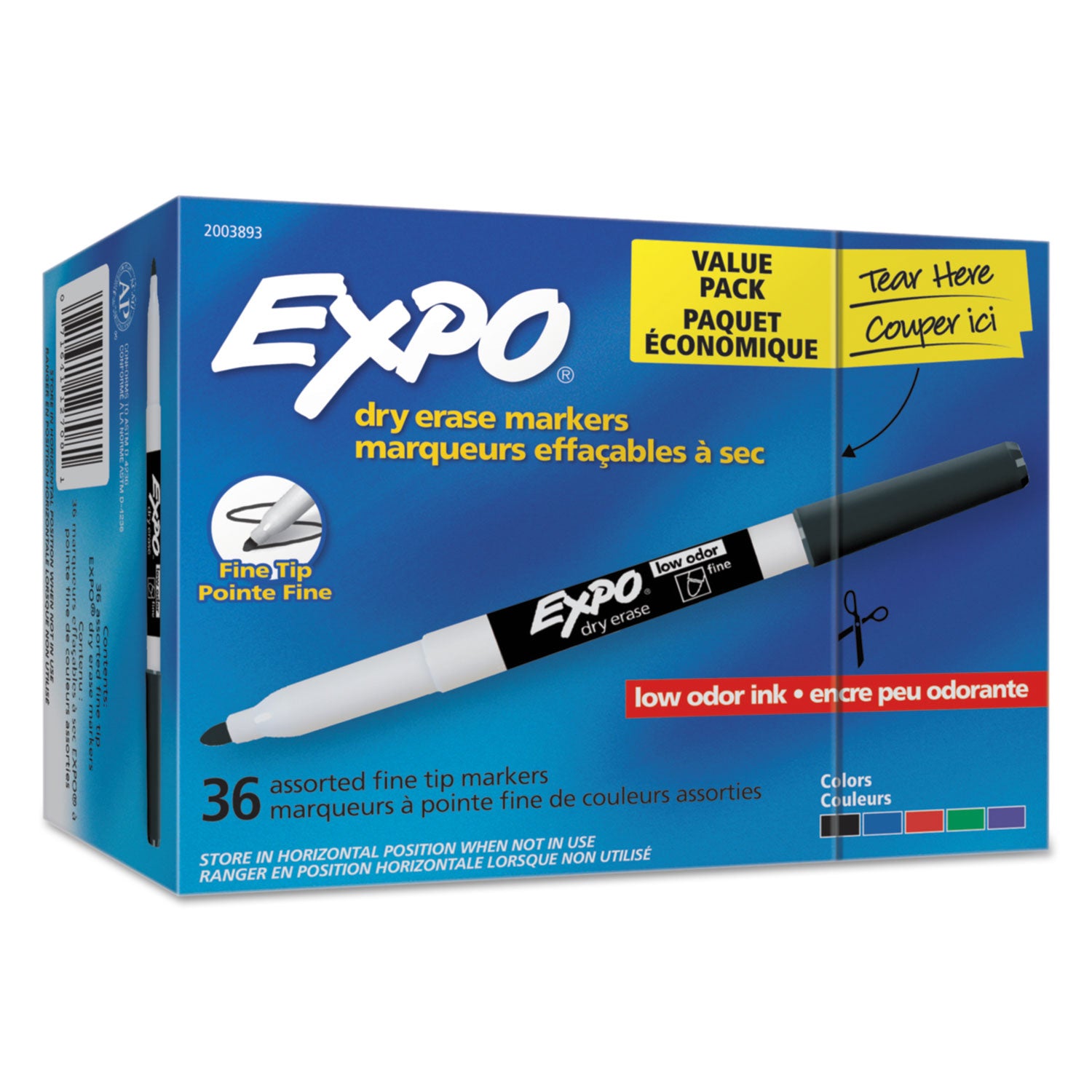 EXPO® Low-Odor Dry Erase Marker Office Value Pack, Fine Bullet Tip, Assorted Colors, 36/Pack