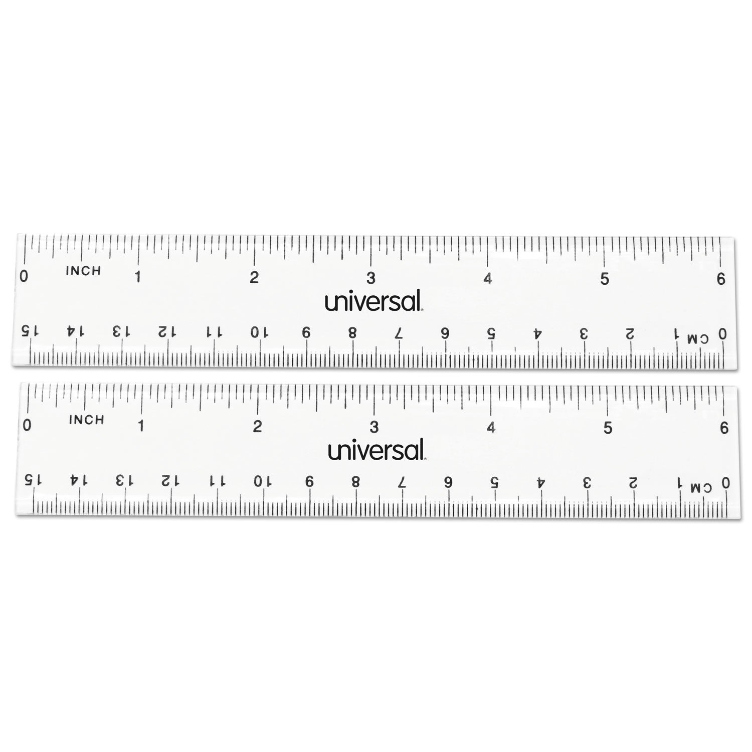 Universal® Clear Plastic Ruler, Standard/metric, 6" Long, Clear, 2/pack
