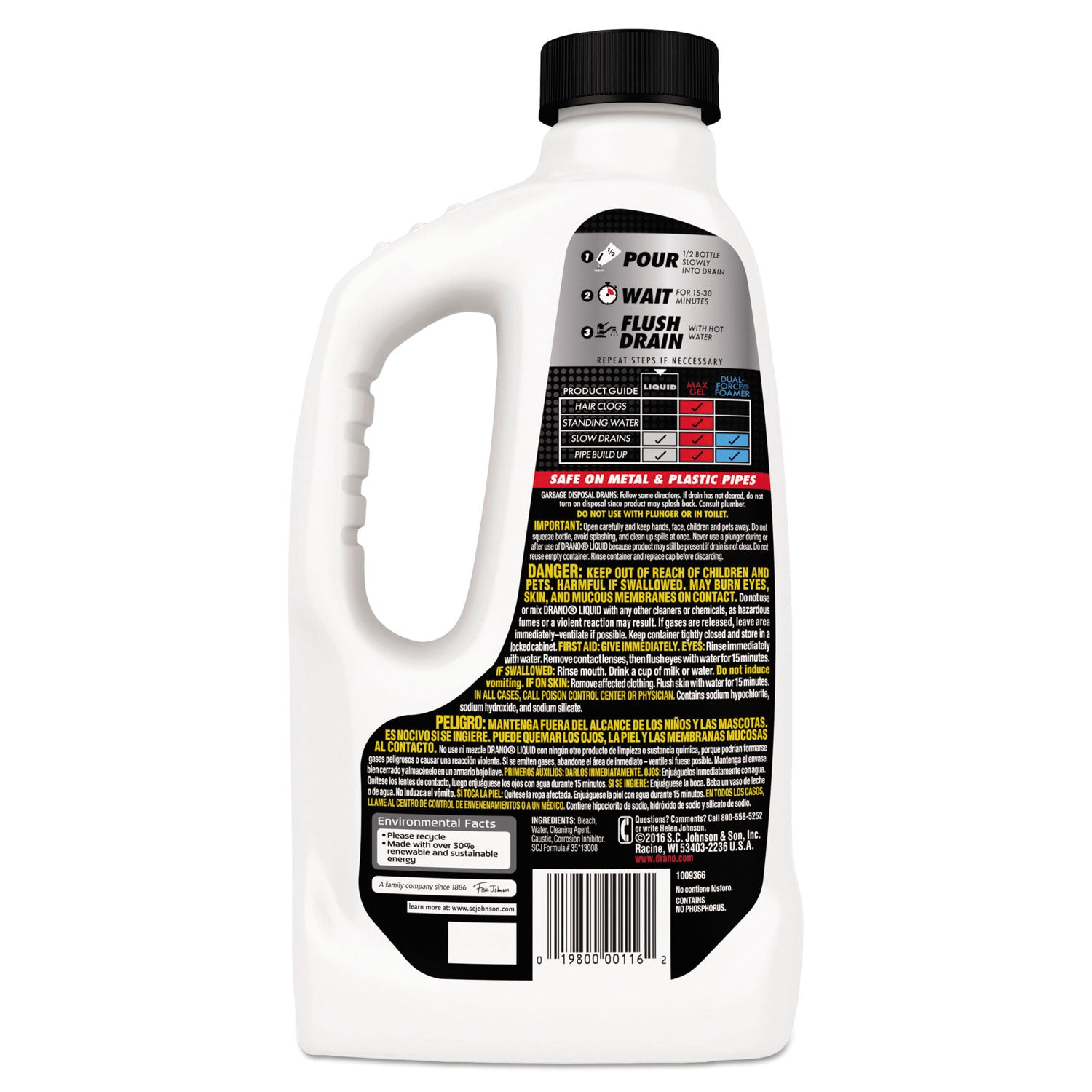Drano® Liquid Drain Cleaner, 32 Oz Safety Cap Bottle, 12/carton