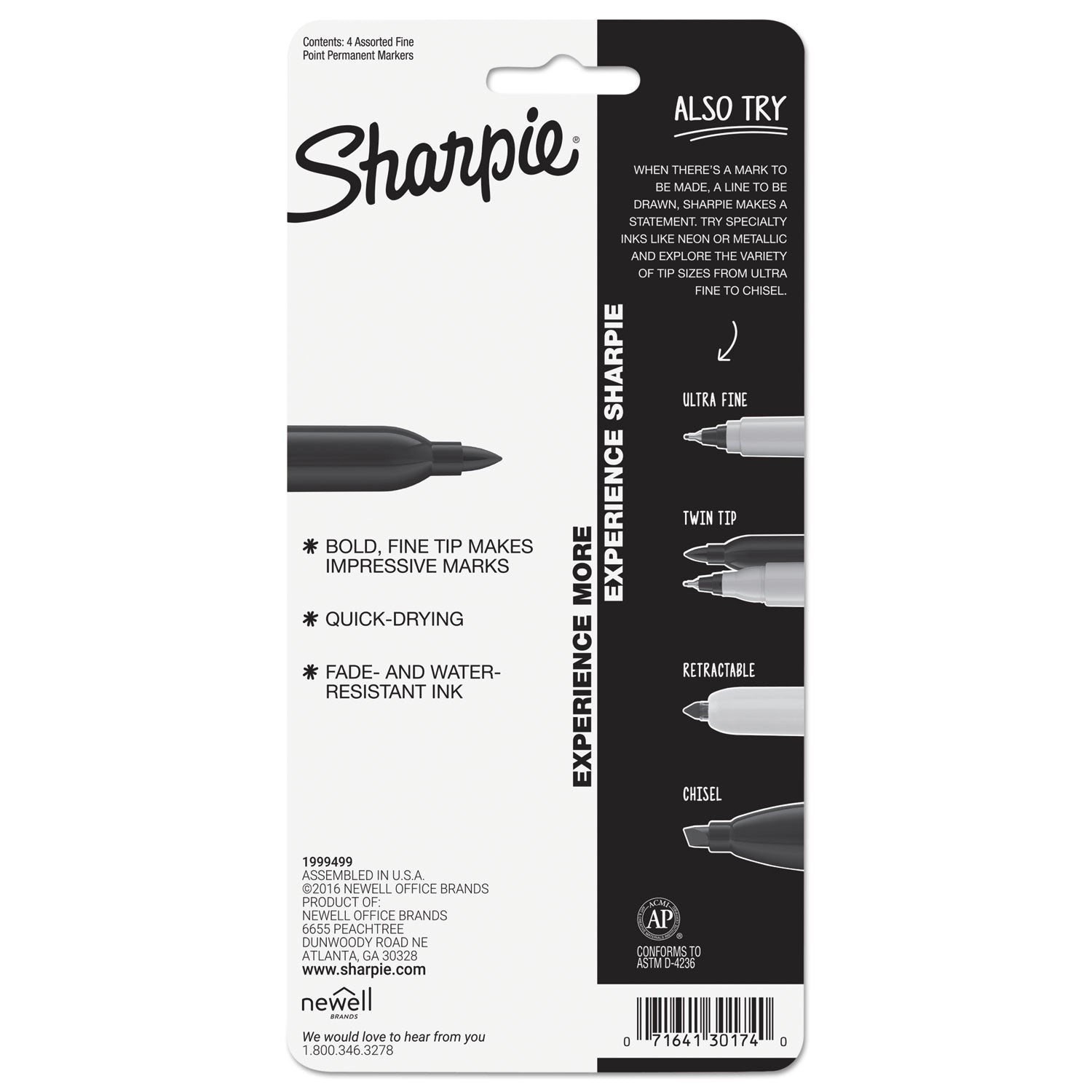Sharpie® Fine Tip Permanent Marker, Fine Bullet Tip, Assorted Colors, 4/set