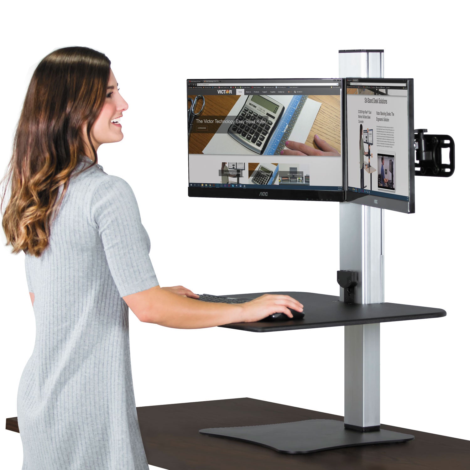 High Rise Electric Dual Monitor Standing Desk Workstation, 28" x 23" x 20.25", Black/Aluminum