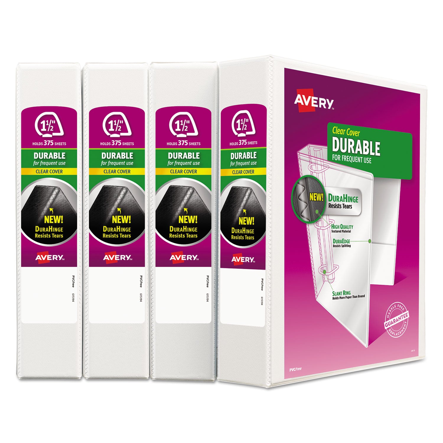 Avery® Durable View Binder With Durahinge And Slant Rings, 3 Rings, 1.5" Capacity, 11 X 8.5, White, 4/pack