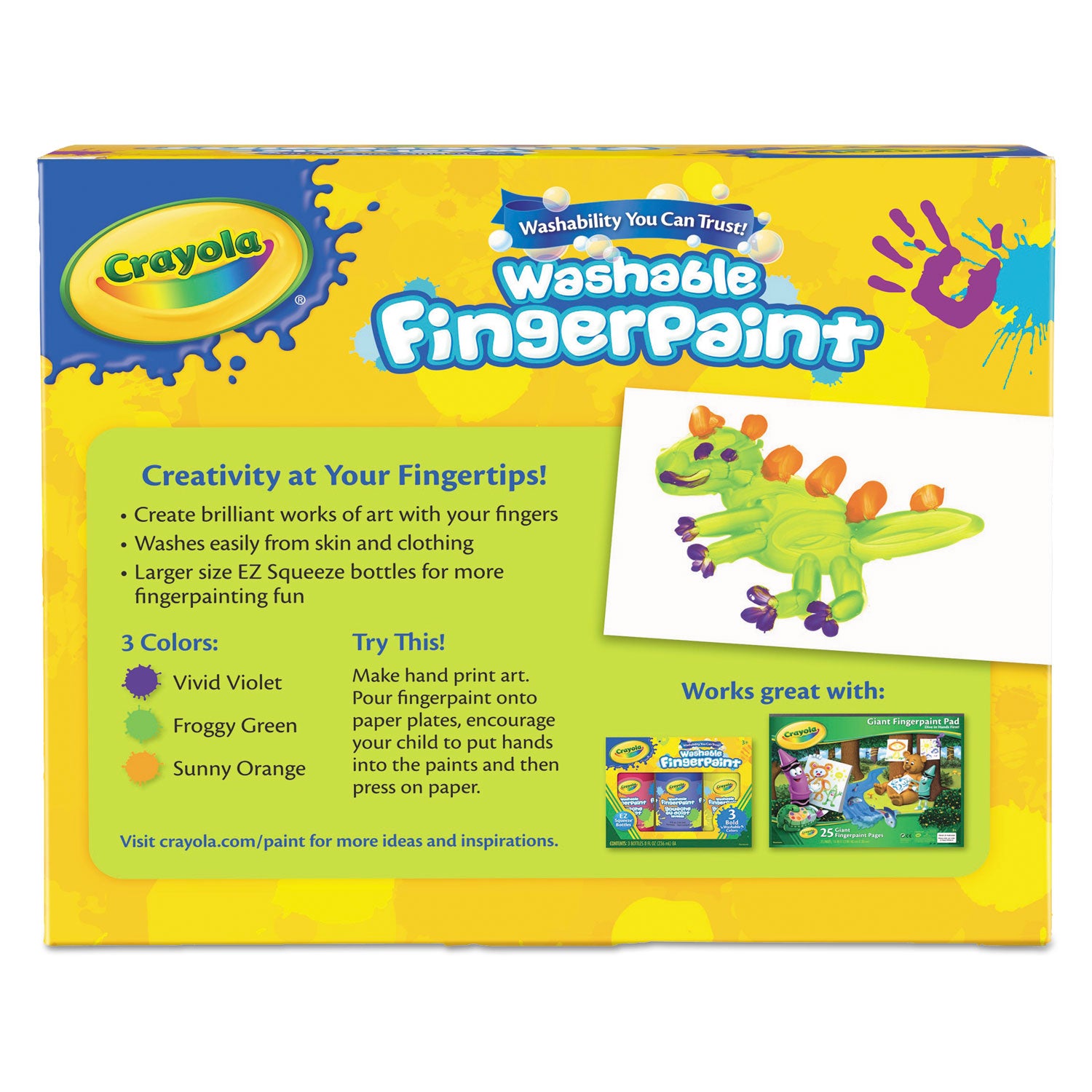 Crayola® Washable Fingerpaint Pack, 3 Assorted Bright Colors, 8 oz Tube, 3/Box