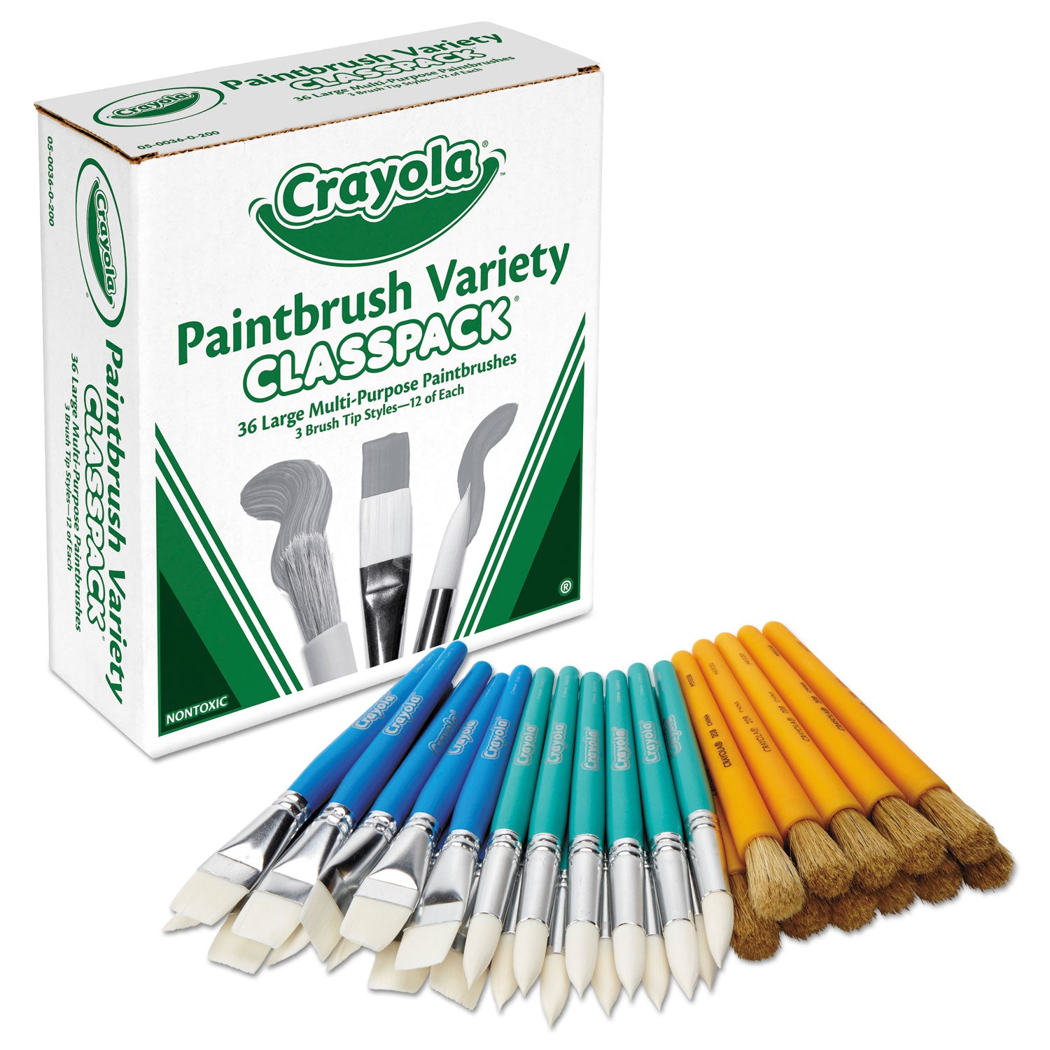 Crayola® Large Variety Paint Brush Classpack, Natural; Nylon Bristles, Flat; Round Profiles, 36/set