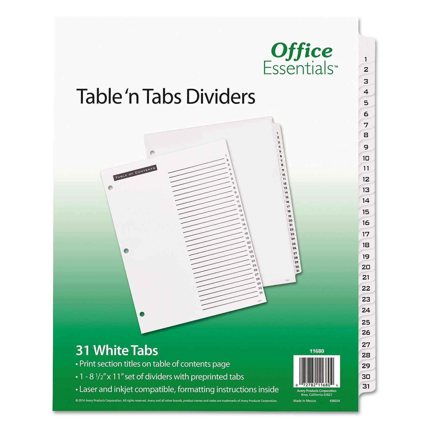 Table 'n Tabs Dividers, 31-Tab, 1 to 31, 11 x 8.5, White, White Tabs, 1 Set