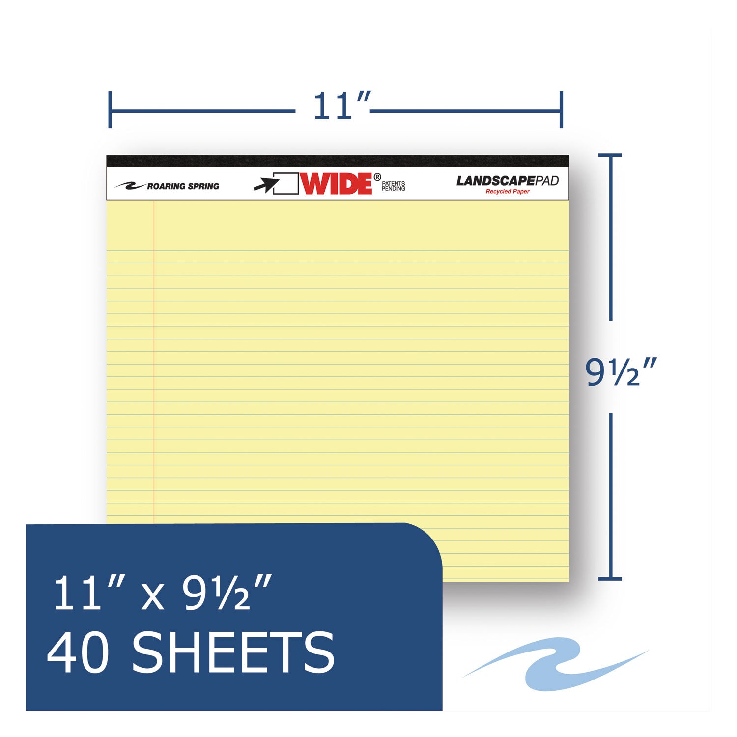 Roaring Spring® Wide Landscape Format Writing Pad, Unpunched With Standard Back, Medium/college Rule, 40 Canary-Yellow 11 X 9.5 Sheets