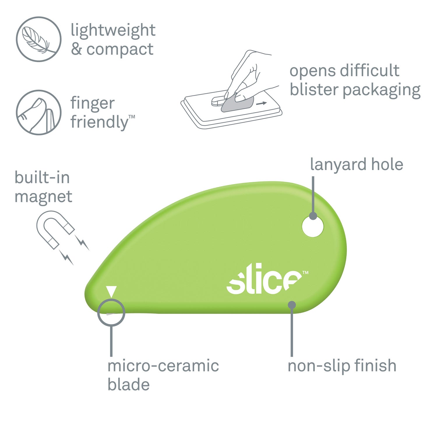 slice® Safety Cutters, Fixed, Non Replaceable Micro Safety Blade, 0.1" Ceramic Blade, 2.4" Plastic Handle, Green