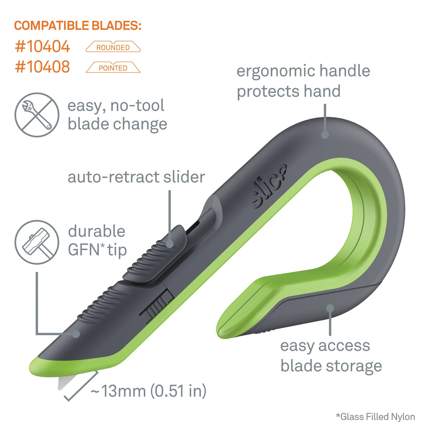 slice® Box Cutters, Double Sided, Replaceable, 1.29" Stainless Steel Blade, 7" Nylon Handle, Gray/Green