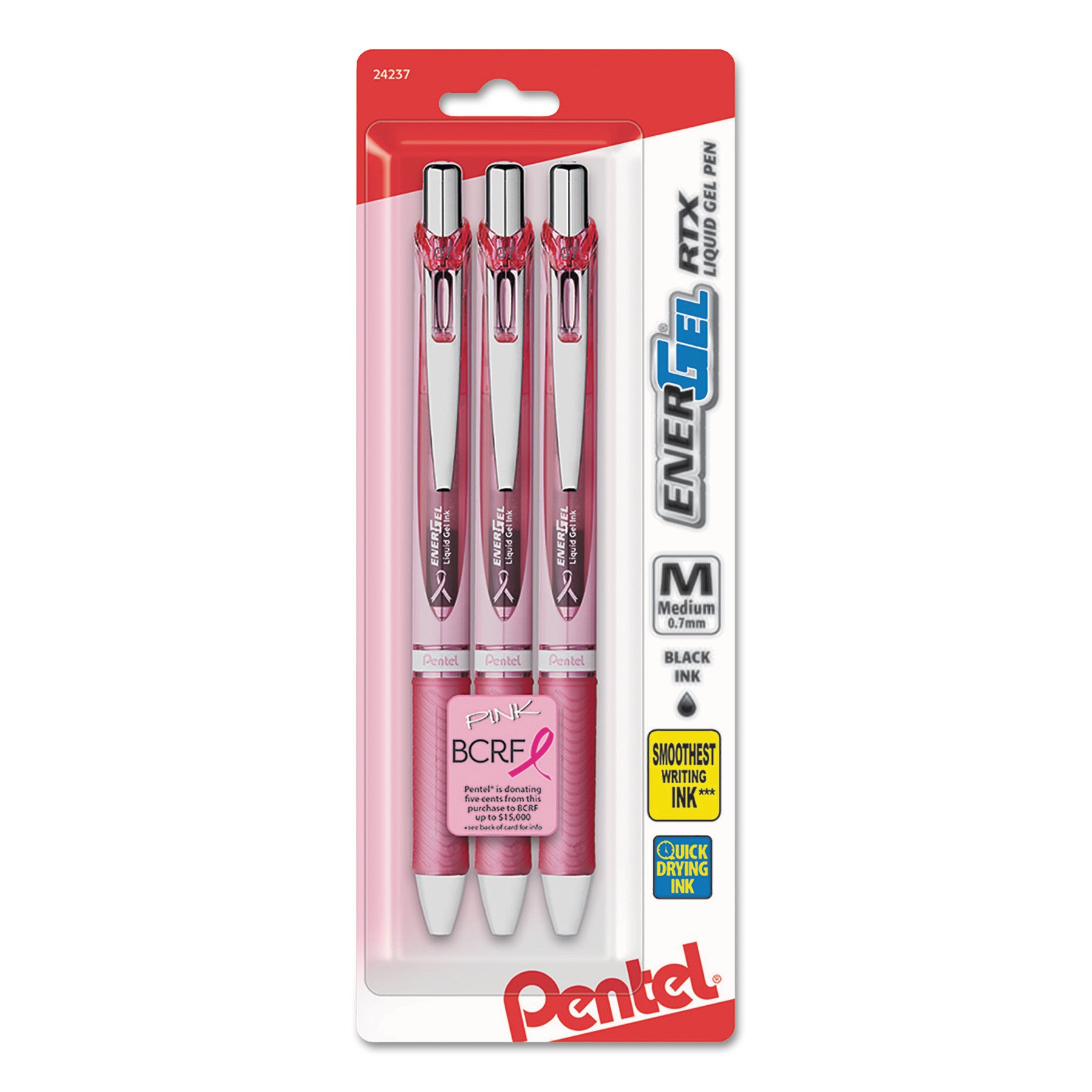 Pentel® EnerGel RTX Breast Cancer Awareness Gel Pen, Retractable, Medium 0.7 mm, Black Ink, Pink/Silver Barrel, 3/Pack