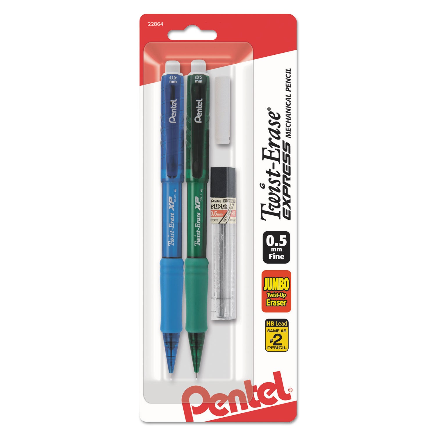 Twist-Erase EXPRESS Mechanical Pencils with Tube of Leads/Eraser, 0.5 mm, HB (#2), Black Lead, (2) Assorted Barrel Colors