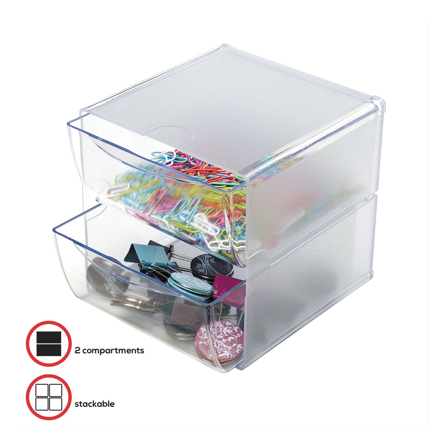 deflecto® Stackable Cube Organizer, 2 Compartments, 2 Drawers, Plastic, 6 x 7.2 x 6, Clear