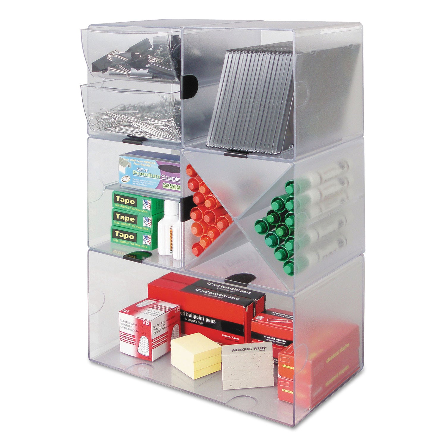 deflecto® Stackable Cube Organizer, 2 Compartments, 2 Drawers, Plastic, 6 x 7.2 x 6, Clear