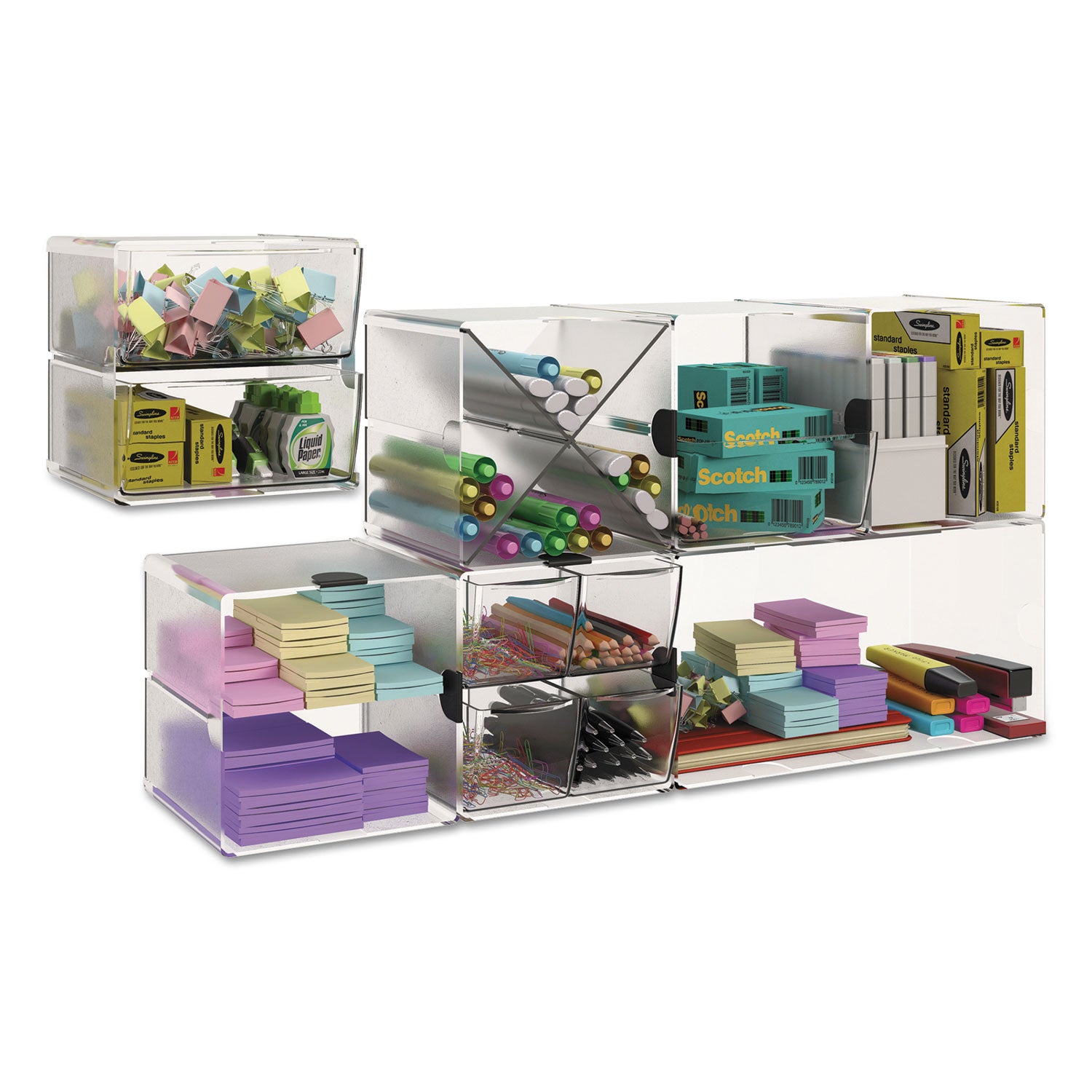 deflecto® Stackable Cube Organizer, 2 Compartments, 2 Drawers, Plastic, 6 x 7.2 x 6, Clear