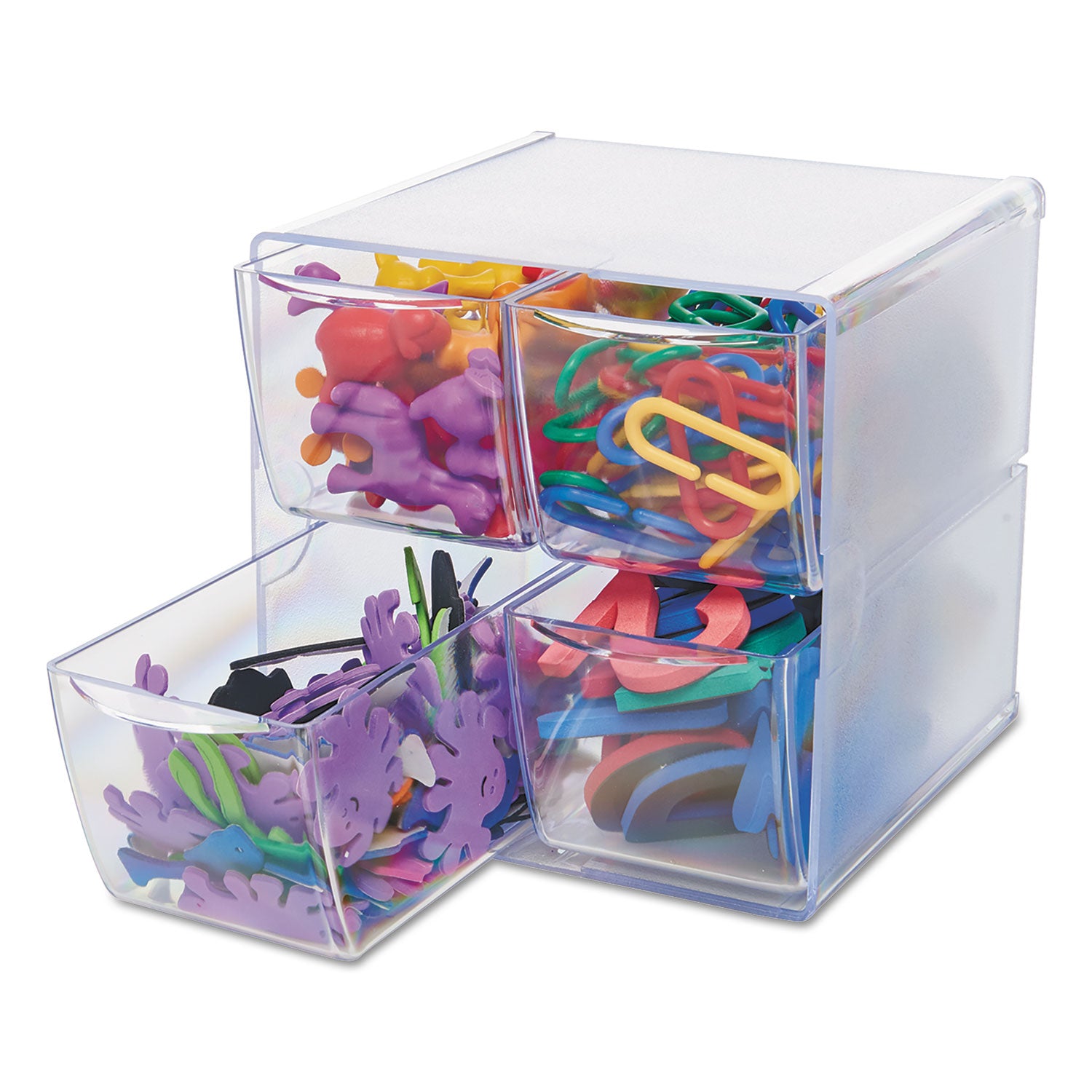 deflecto® Stackable Cube Organizer, 4 Compartments, 4 Drawers, Plastic, 6 x 7.2 x 6, Clear