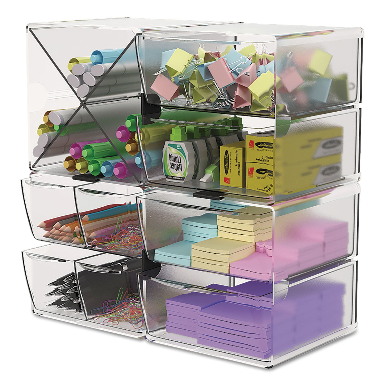 deflecto® Stackable Cube Organizer, 4 Compartments, 4 Drawers, Plastic, 6 x 7.2 x 6, Clear
