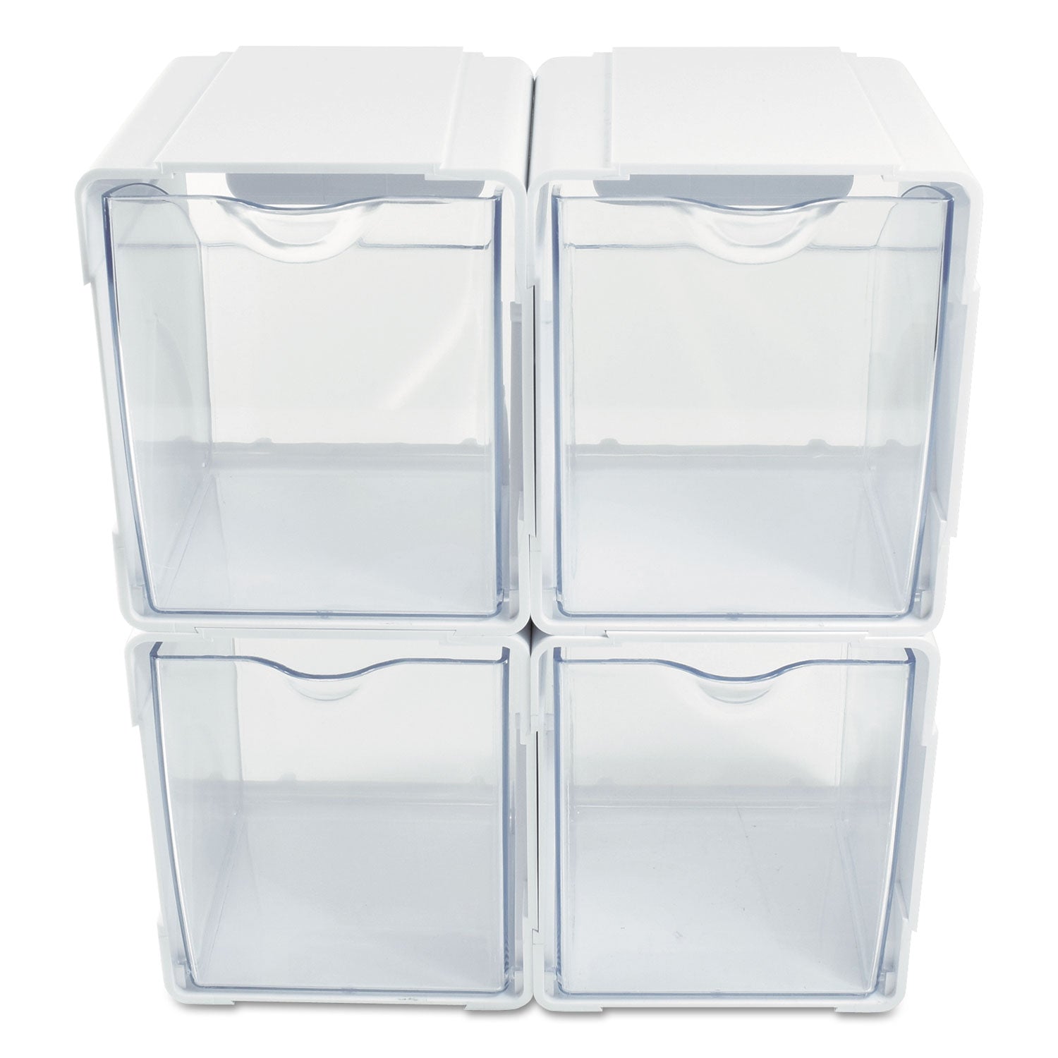 deflecto® Tilt Bin Interlocking 4-Bin Organizer, Plastic, 4.63 x 4.88 x 5.5, White/Clear