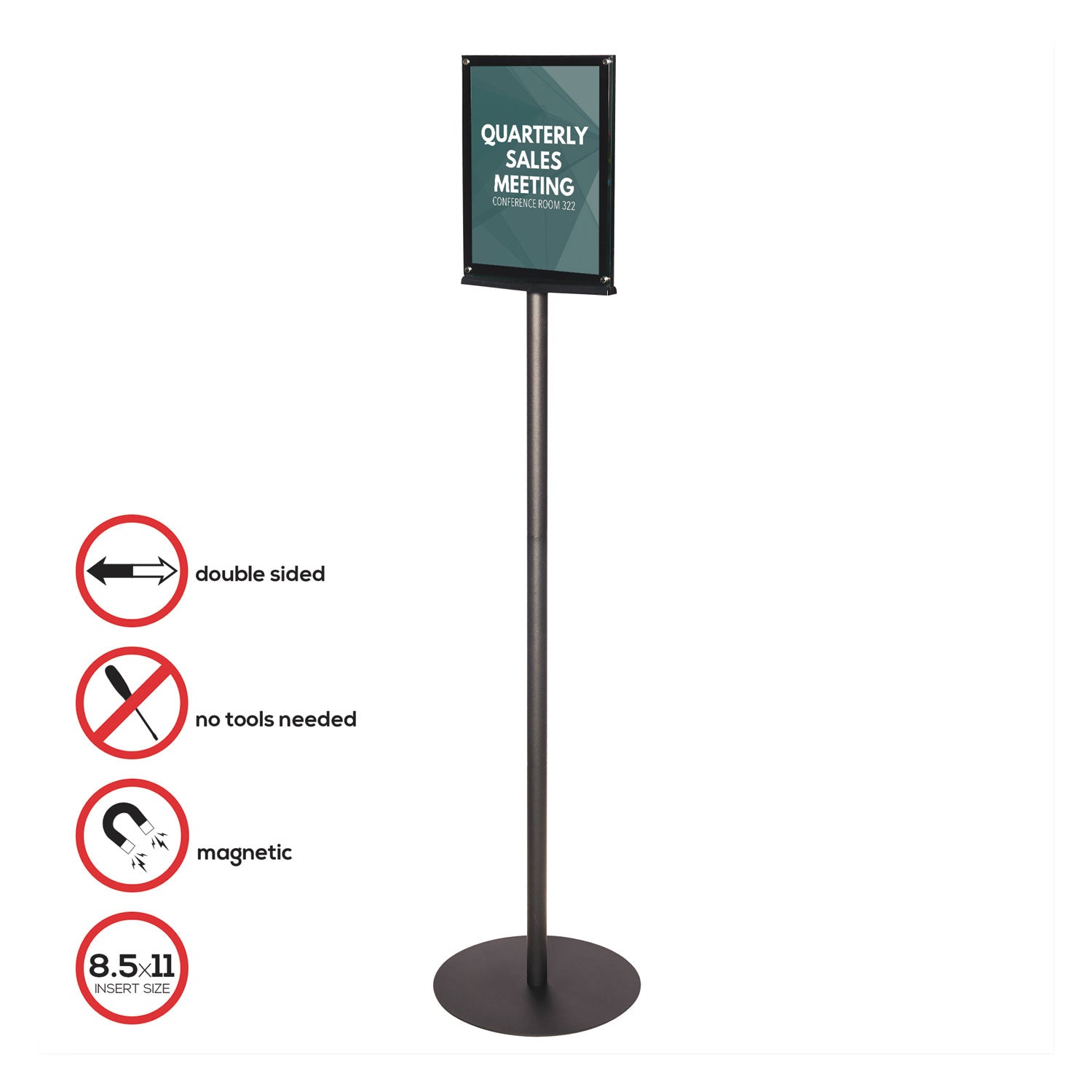 deflecto® Double-Sided Magnetic Sign Display, 8.5 x 11 Insert, 56" Tall, Clear/Black