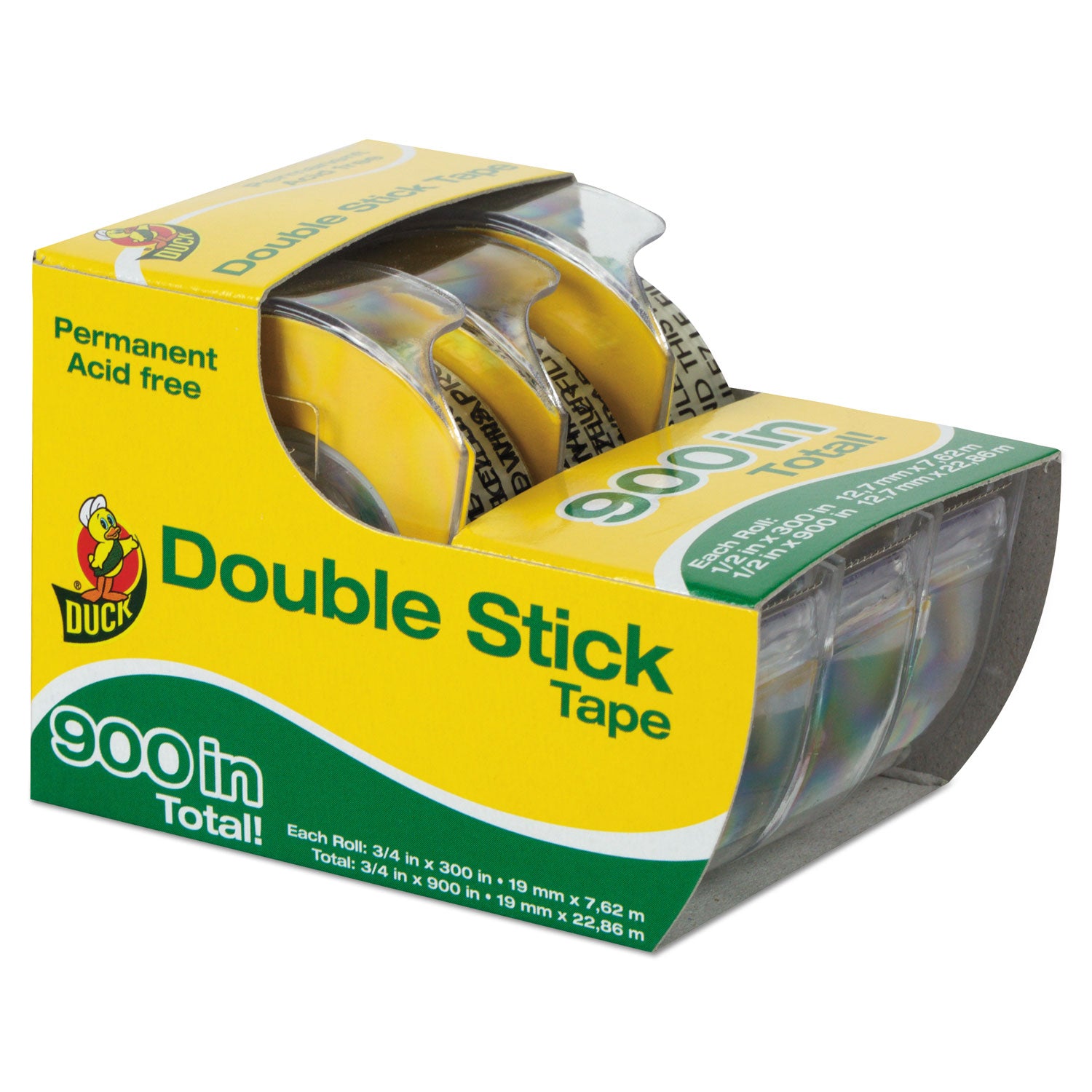 Duck® Permanent Double-Stick Tape With Dispenser, 1" Core, 0.5" X 25 Ft, Clear, 3/pack