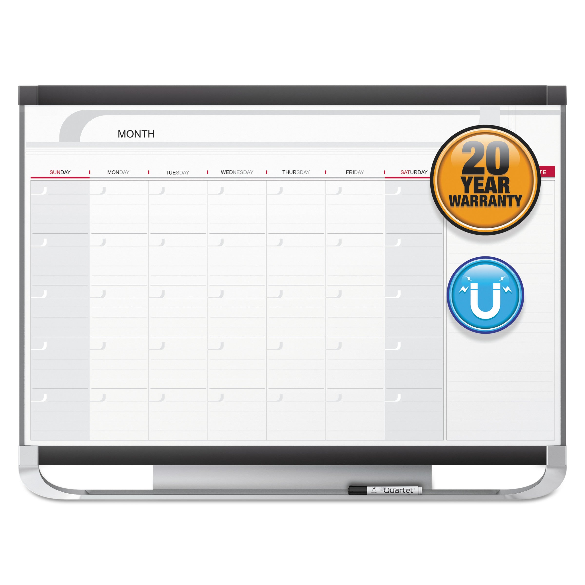 Quartet® Prestige 2 Magnetic Total Erase Monthly Calendar, 36" x 24", White Surface, Graphite Gray Fiberboard/Plastic Frame