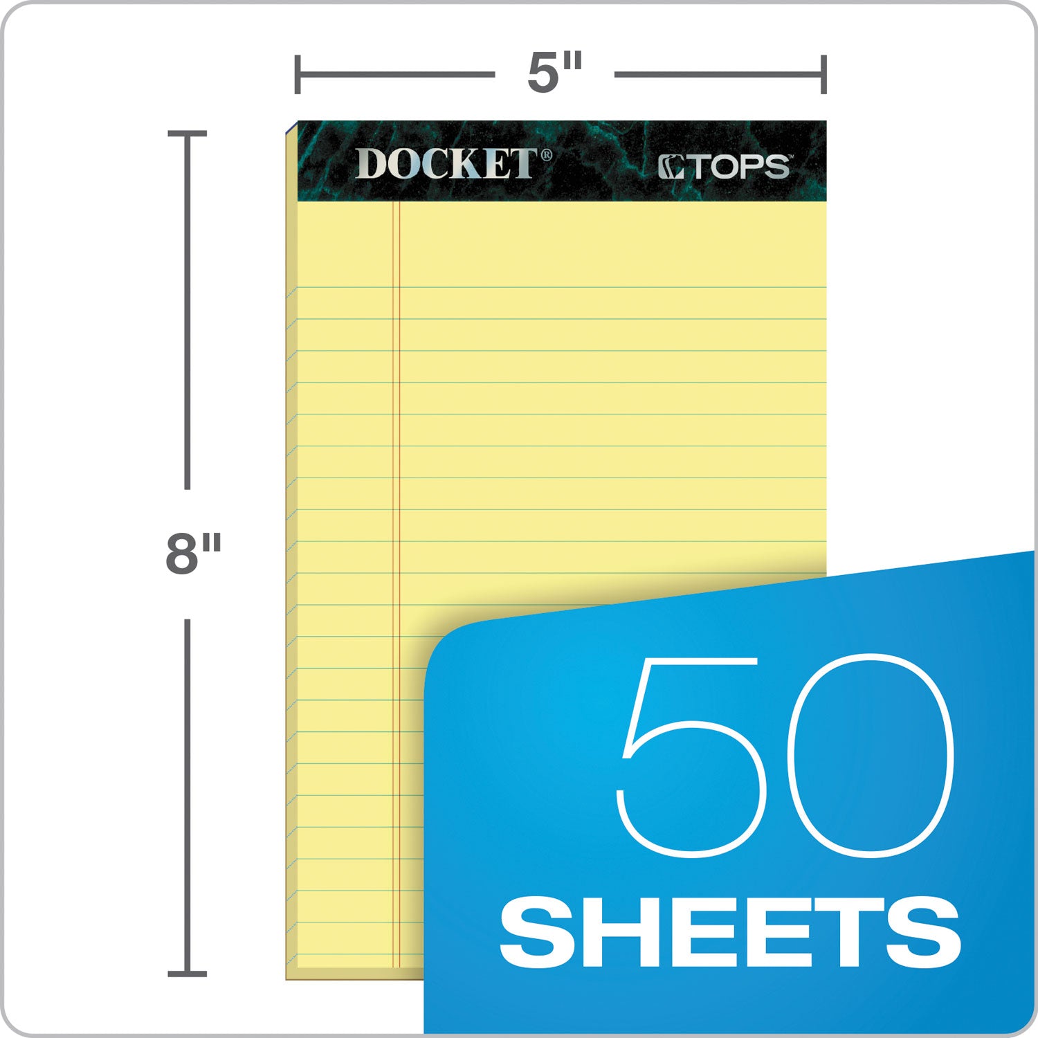 TOPS™ Docket Ruled Perforated Pads, Narrow Rule, 50 Canary-Yellow 5 X 8 Sheets, 12/pack