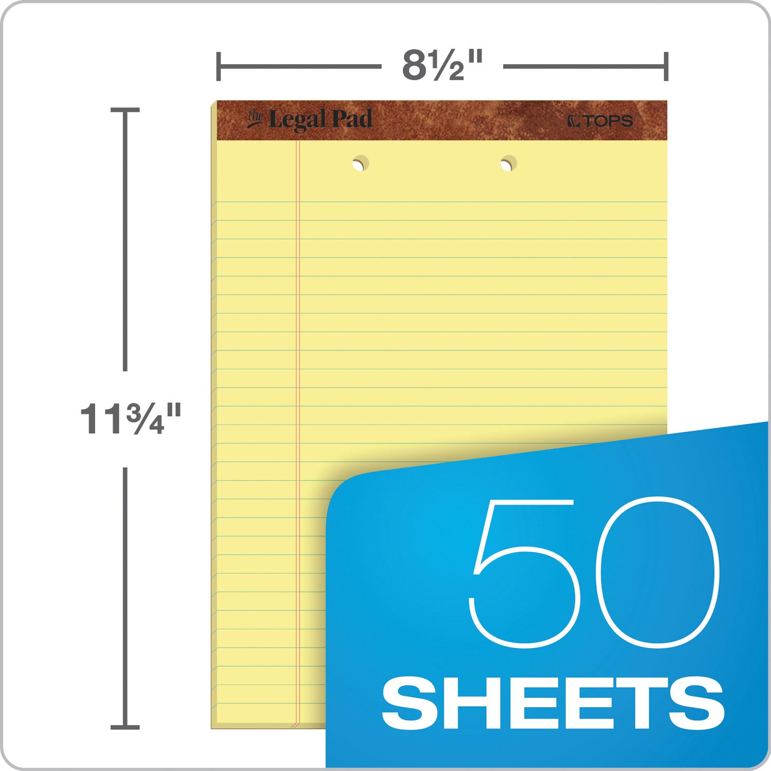 TOPS™ "The Legal Pad" Ruled Perforated Pads, Top 2-Hole Punch, Wide/Legal Rule, 50 Canary-Yellow 8.5 x 11.75 Sheets, Dozen
