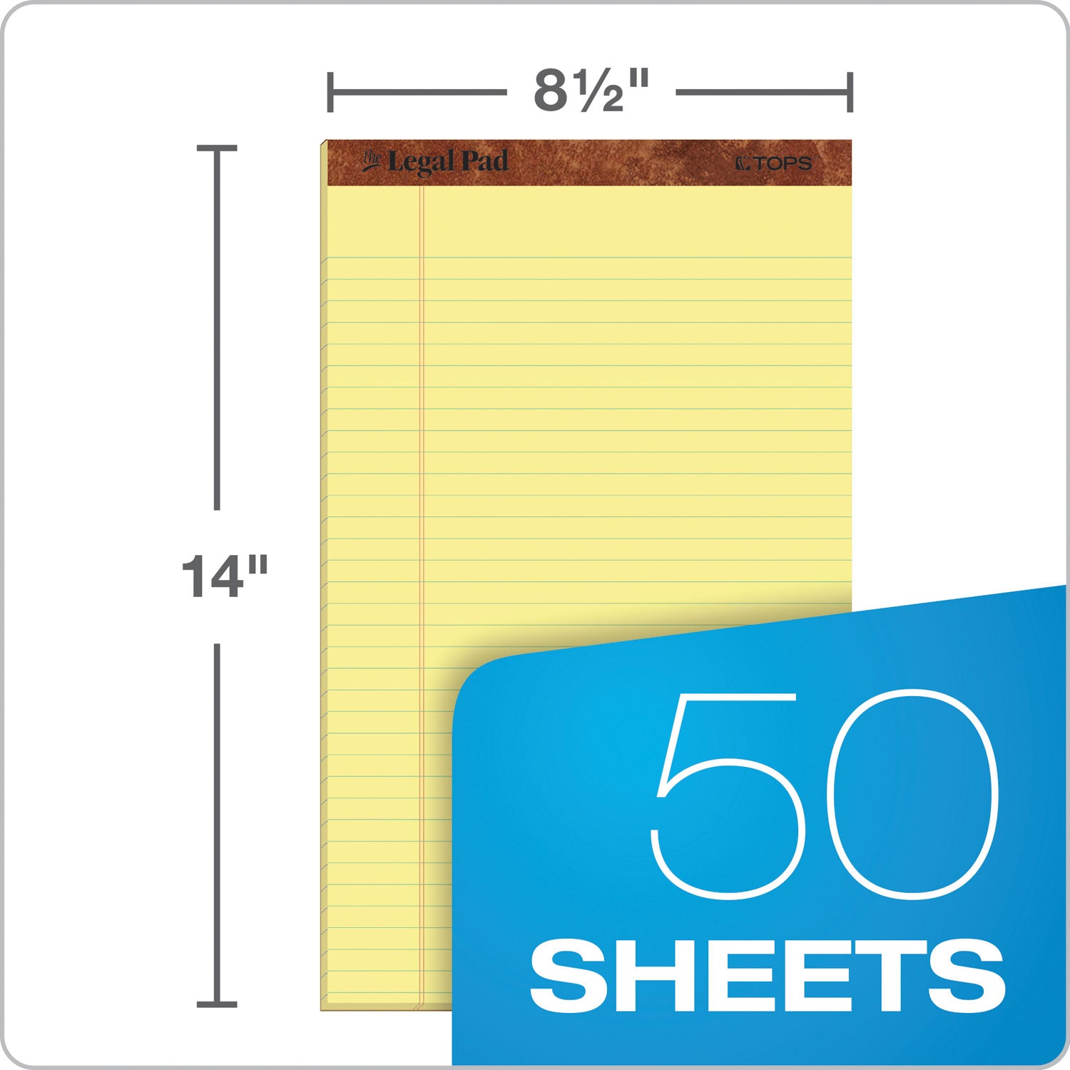 TOPS™ The Legal Pad Plus Ruled Perforated Pads, 40 pt. Back, Wide/Legal Rule, 50 Canary-Yellow 8.5 x 14 Sheets, Dozen