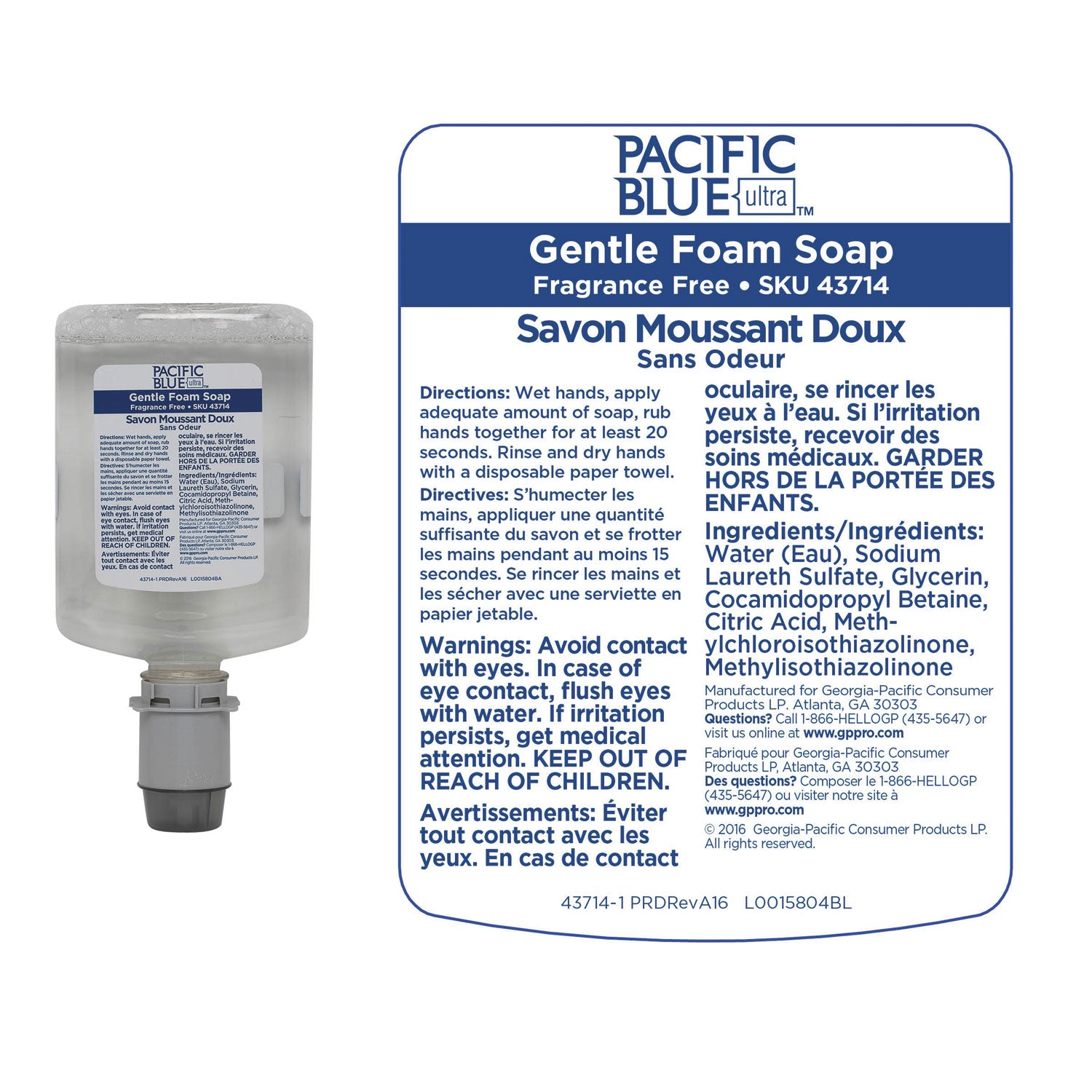Georgia Pacific® Professional Pacific Blue Ultra Foam Soap Manual Dispenser Refill, Fragrance-Free, 1,200 mL, 4/Carton