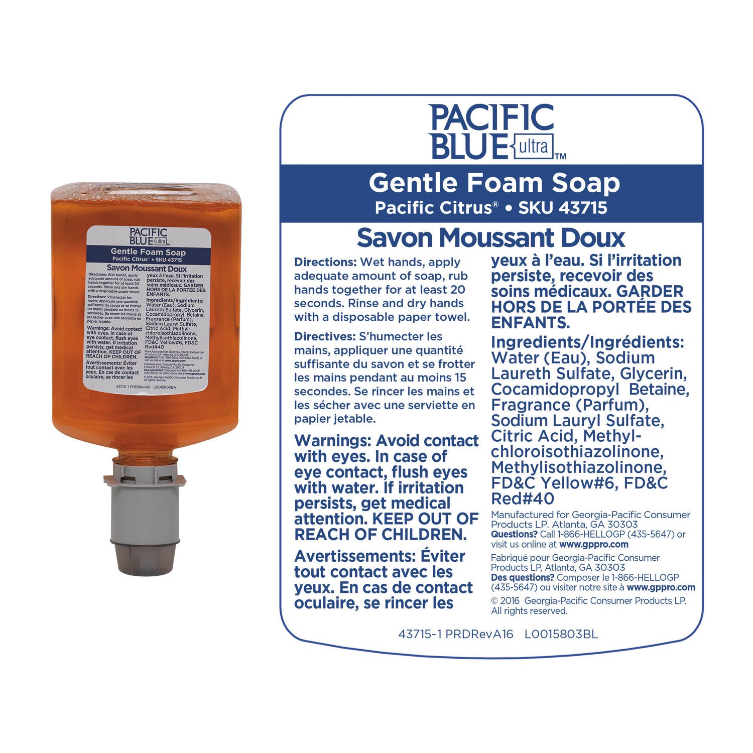 Georgia Pacific® Professional Pacific Blue Ultra Foam Soap Manual Dispenser Refill, Pacific Citrus Scent, 1,200 mL, 4/Carton