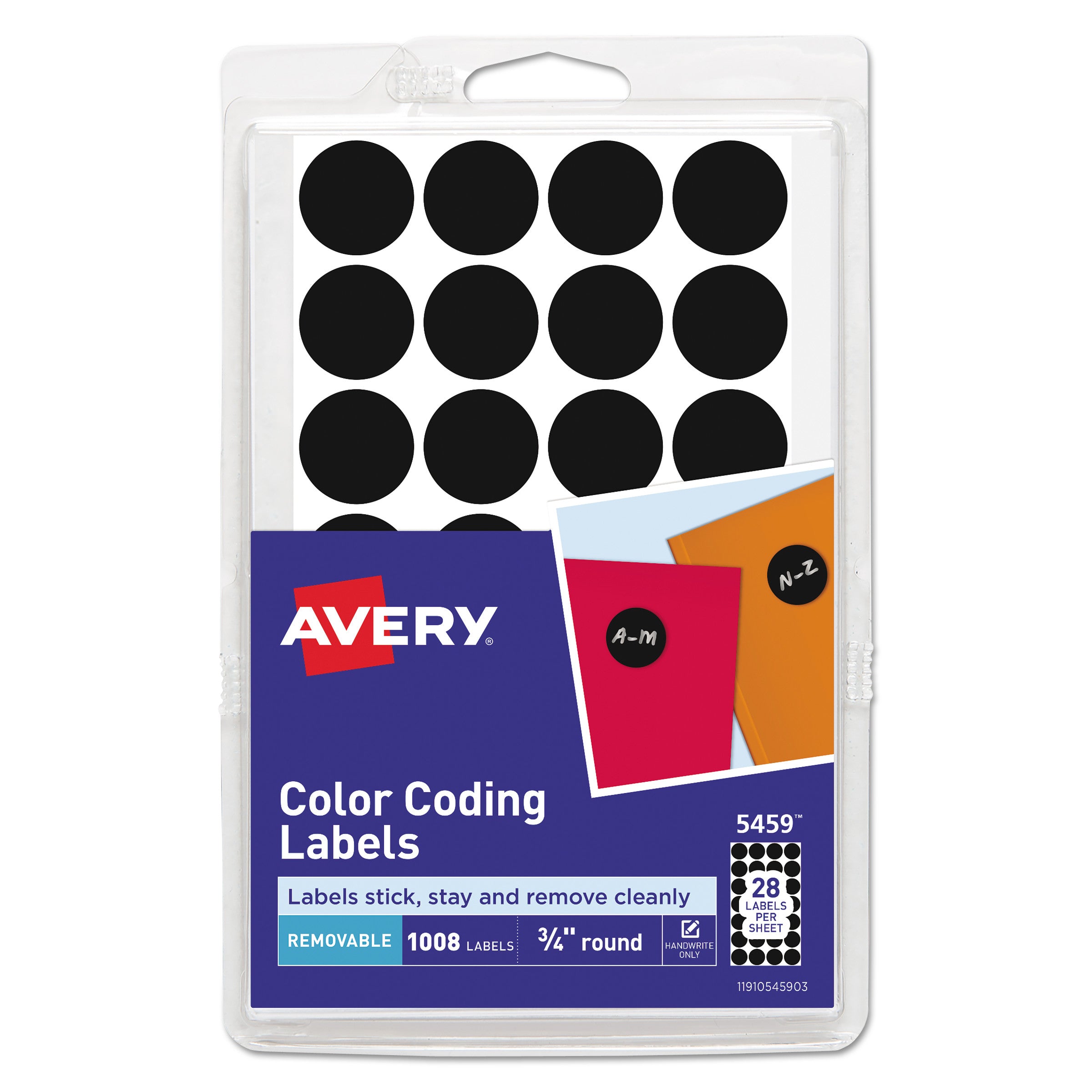 Handwrite Only Self-Adhesive Removable Round Color-Coding Labels, 0.75" dia, Black, 28/Sheet, 36 Sheets/Pack, (5459)