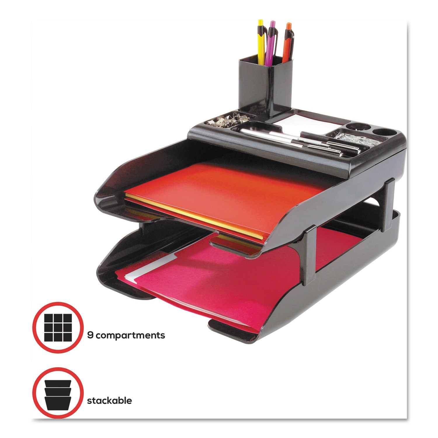 deflecto® Corporate Desk Tray Set, 2 Sections, Letter To Legal Size Files, 10" X 13.63" X 2.25", Black, Set