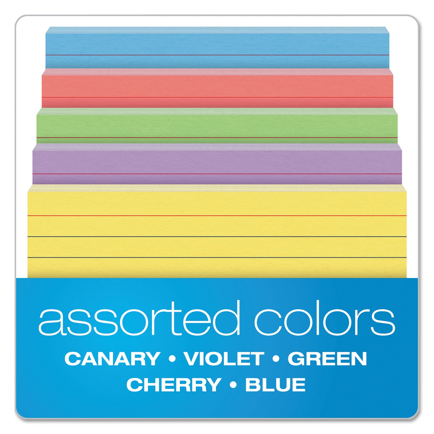 Oxford™ Ruled Index Cards, 3 X 5, Blue/violet/canary/green/cherry, 100/pack