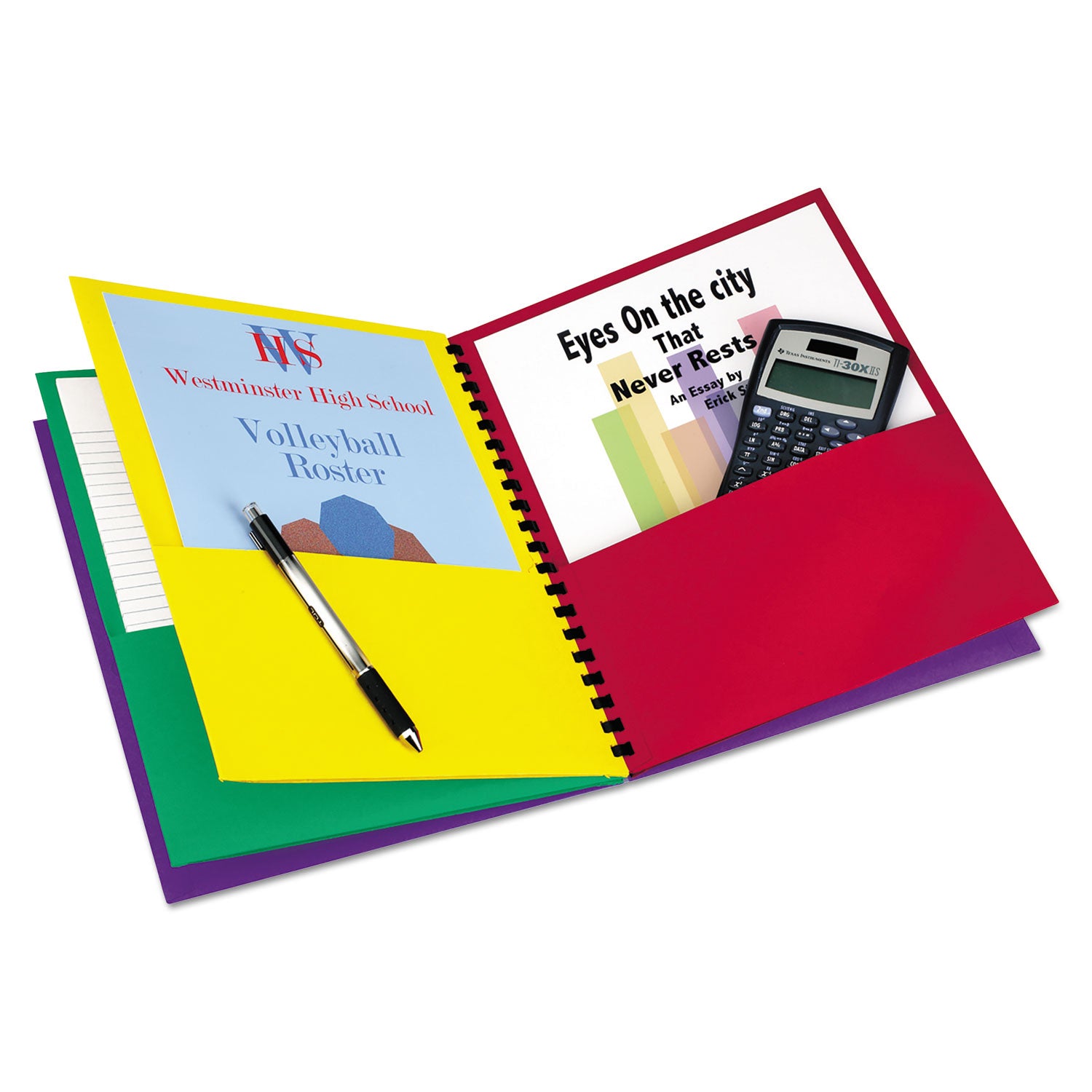 Oxford™ Elegant Stripe Eight-Pocket Organizer, Embossed Leather Grain, 11 X 8.5, Assorted Colors