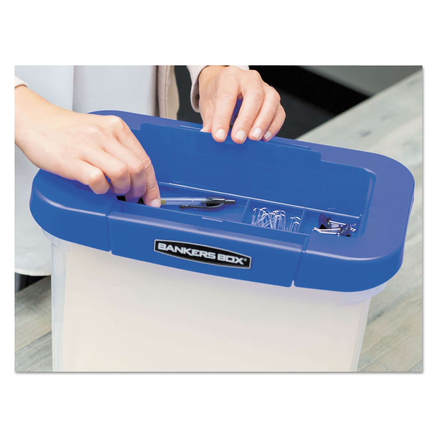 Bankers Box® Heavy-Duty Portable File Box, Letter Files, 14.25" X 8.63" X 11.06", Clear/blue