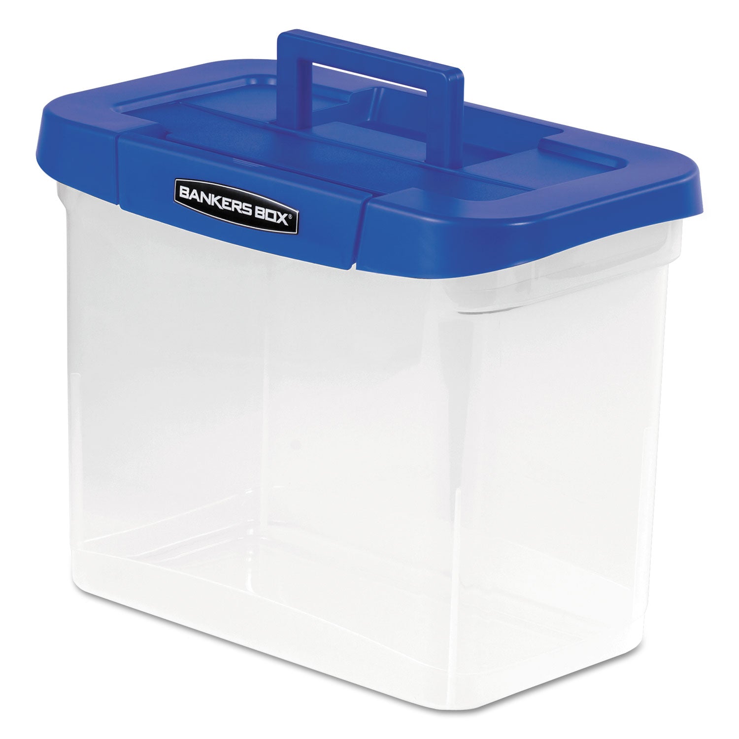 Bankers Box® Heavy-Duty Portable File Box, Letter Files, 14.25" X 8.63" X 11.06", Clear/blue