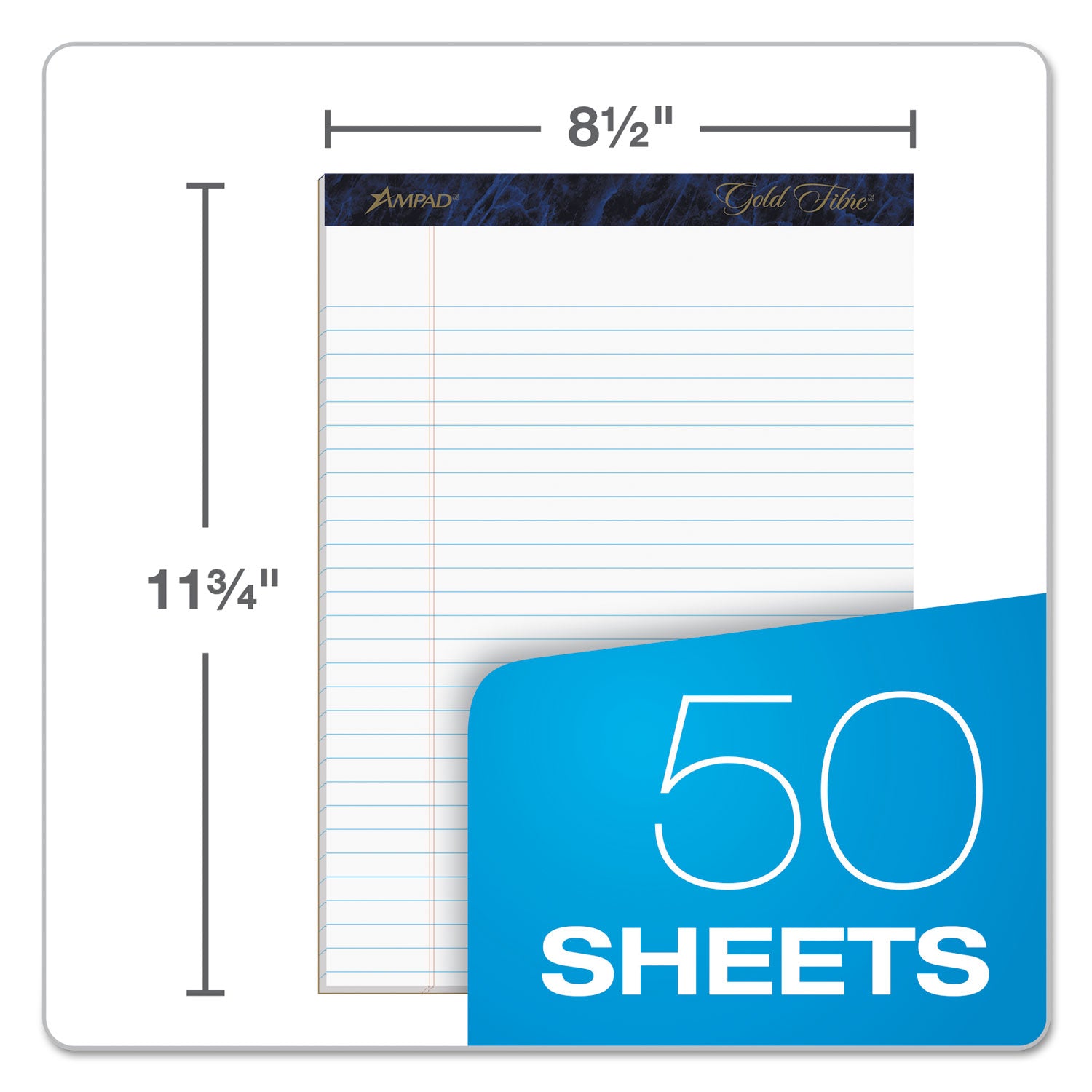 Ampad® Gold Fibre Quality Writing Pads, Wide/legal Rule, 50 White 8.5 X 11.75 Sheets, Dozen
