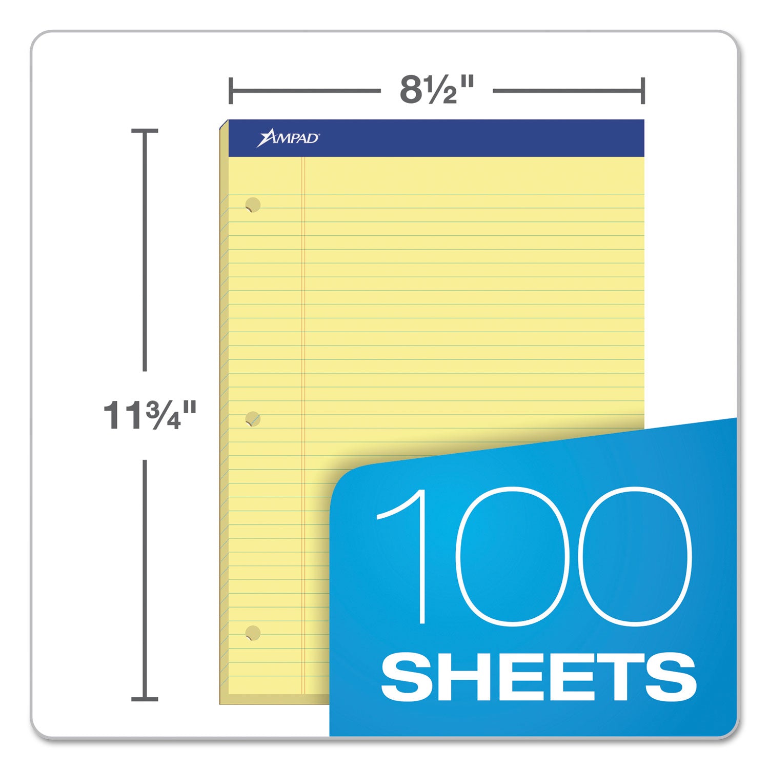 Ampad® Double Sheet Pads, Medium/college Rule, 100 Canary-Yellow 8.5 X 11.75 Sheets