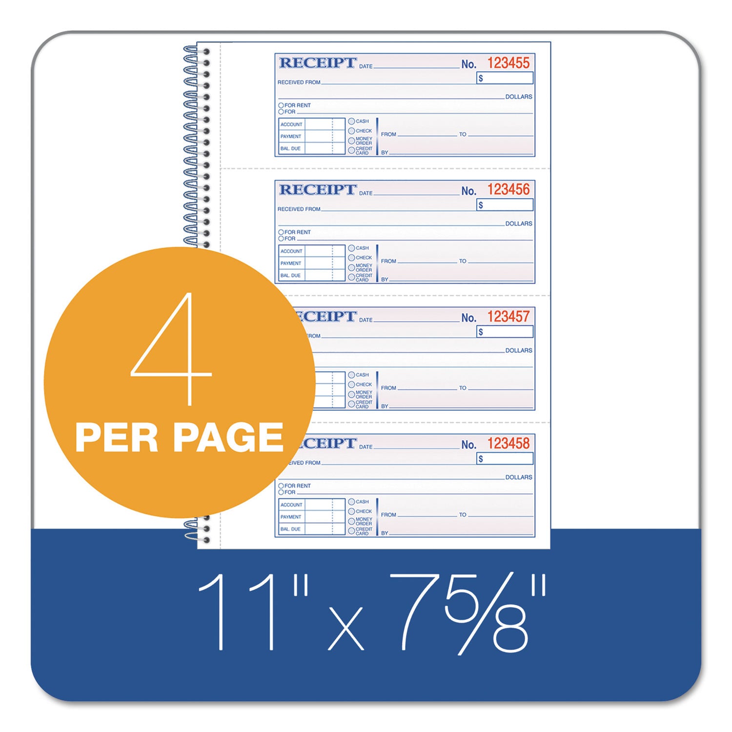 Adams® Multipart Money/Rent Receipt Book, Two-Part Carbonless, 7.13 x 2.75, 4 Forms/Sheet, 200 Forms Total