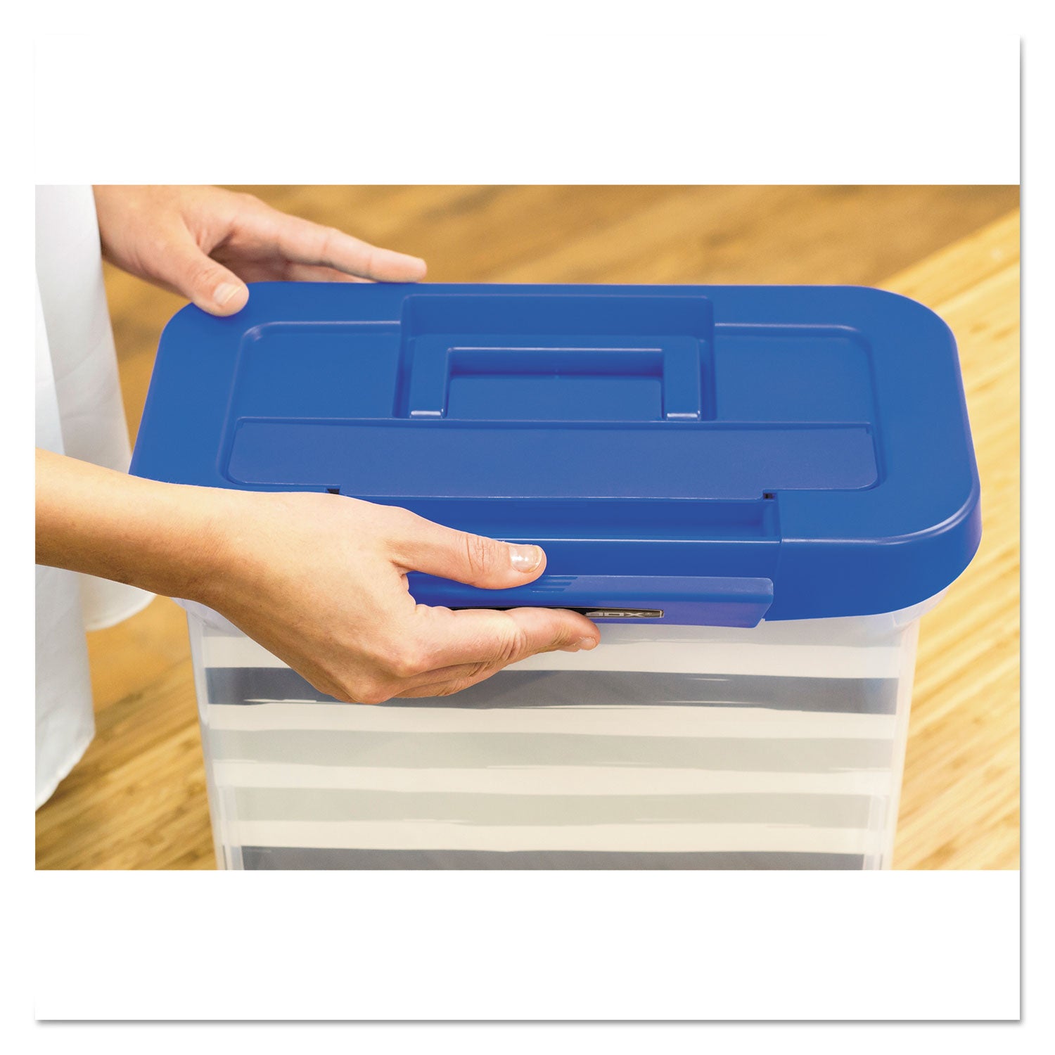 Bankers Box® Heavy-Duty Portable File Box, Letter Files, 14.25" X 8.63" X 11.06", Clear/blue