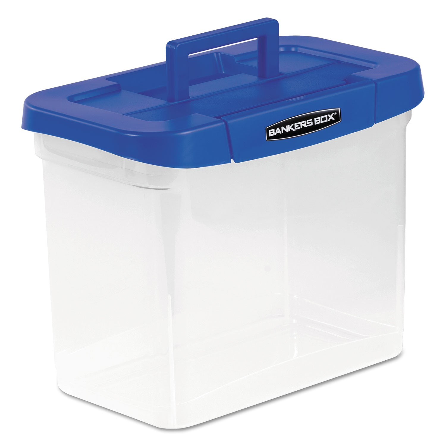 Bankers Box® Heavy-Duty Portable File Box, Letter Files, 14.25" X 8.63" X 11.06", Clear/blue