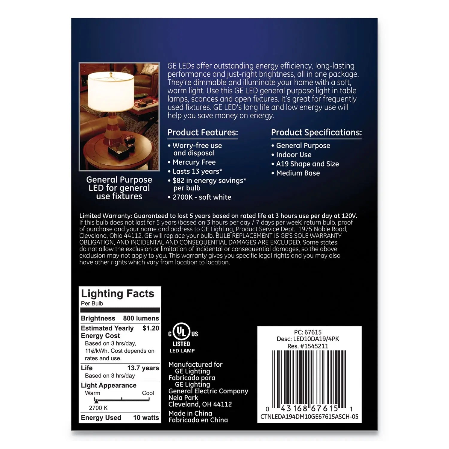 LED Soft White A19 Dimmable Light Bulb, 10 W, 4/Pack GE Flipcost