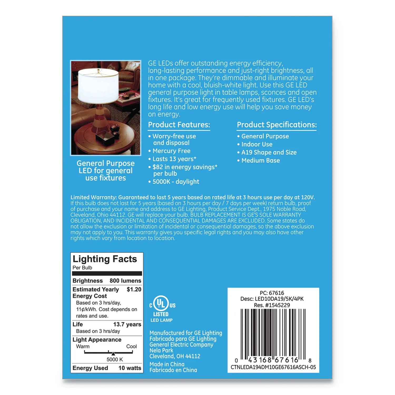 LED Daylight A19 Dimmable Light Bulb, 10 W, 4/Pack GE Flipcost