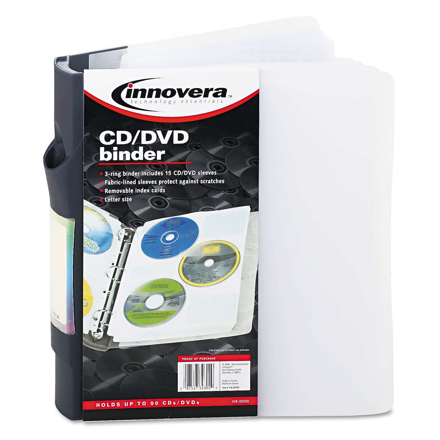 Innovera® Cd/dvd Three-Ring Refillable Binder, Holds 90 Discs, Midnight Blue/clear