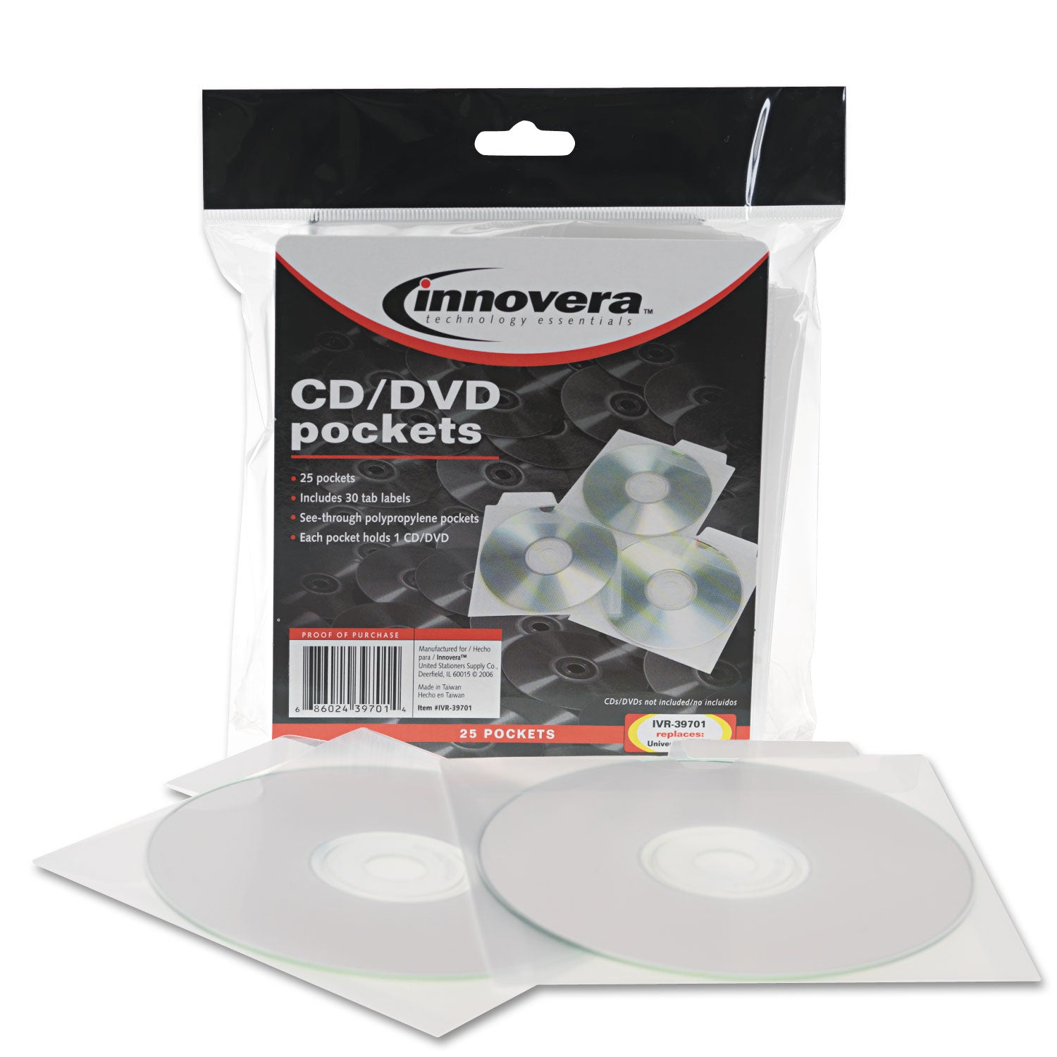 Innovera® CD/DVD Pockets, 1 Disc Capacity, Clear, 25/Pack