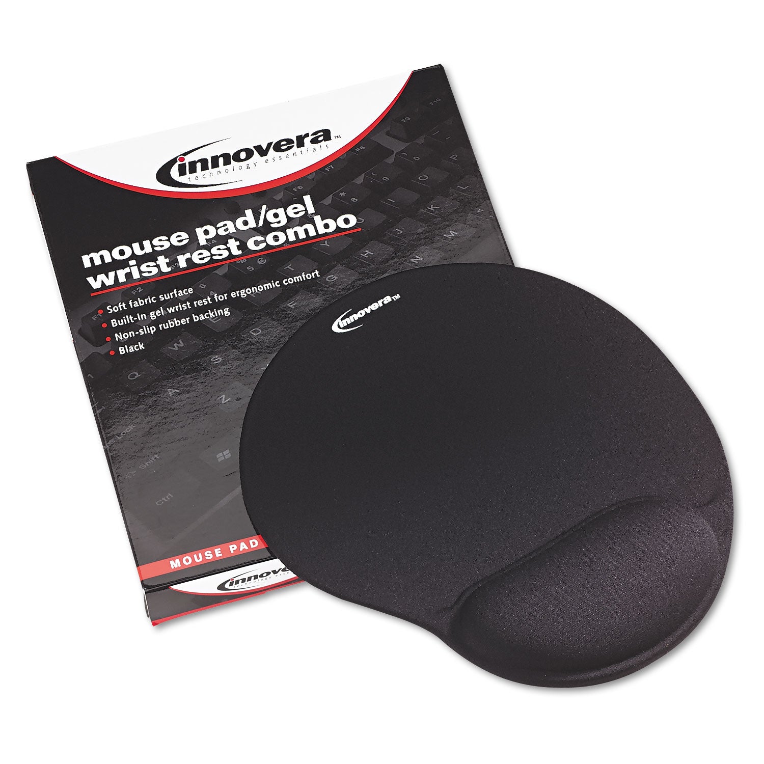 Innovera® Mouse Pad with Fabric-Covered Gel Wrist Rest, 10.37 x 8.87, Black