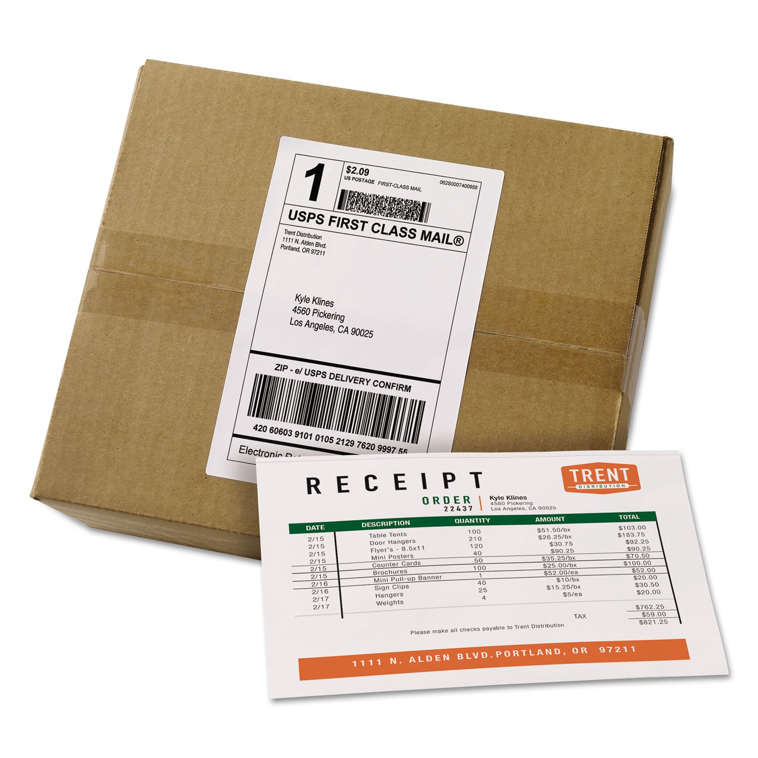 Shipping Labels with Paper Receipt Bulk Pack, Inkjet/Laser Printers, 5.06 x 7.63, White, 100/Box