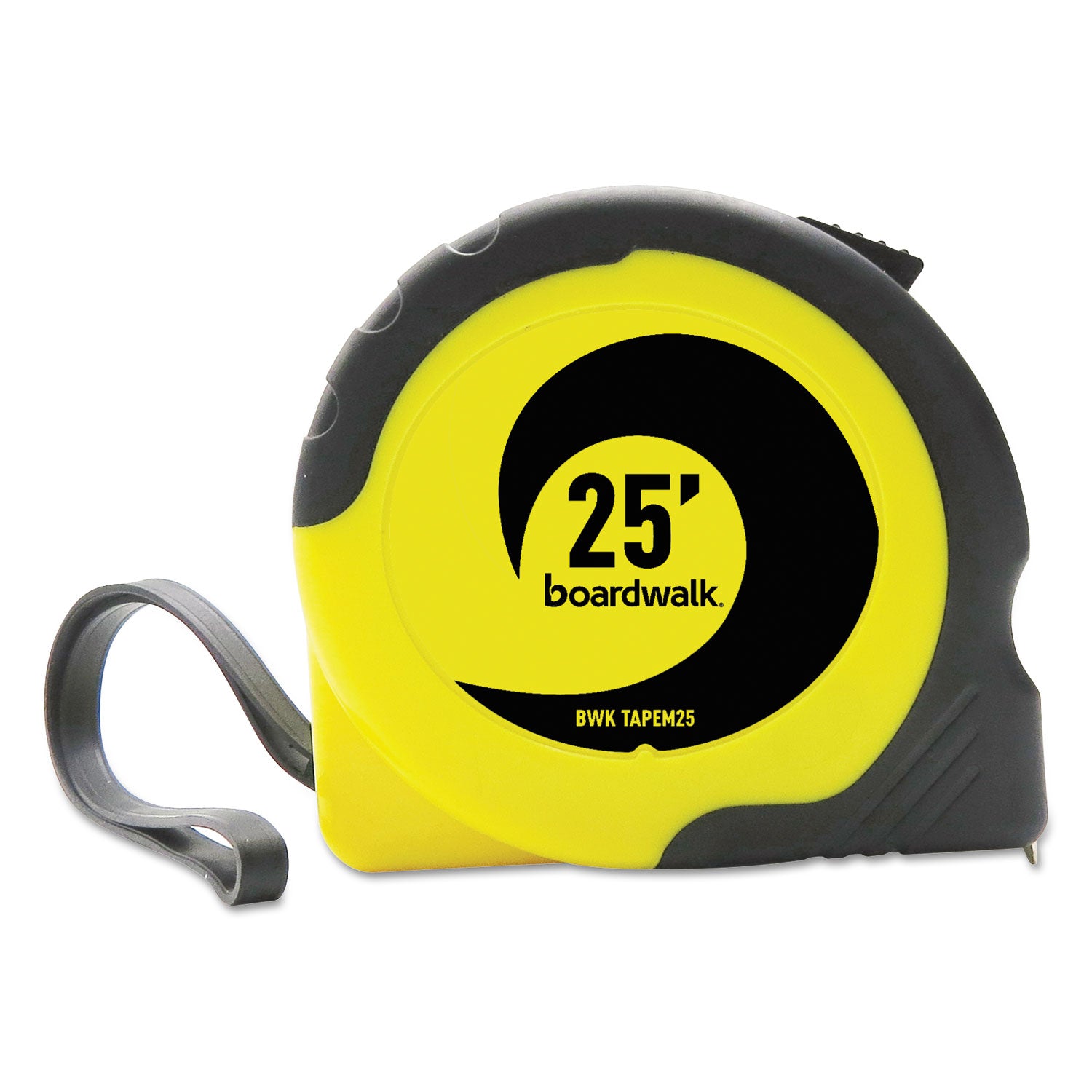 Boardwalk® Easy Grip Tape Measure, 25 Ft, Plastic Case, Black And Yellow, 1/16" Graduations