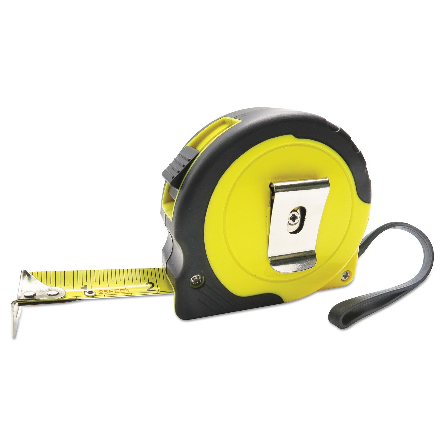 Boardwalk® Easy Grip Tape Measure, 25 Ft, Plastic Case, Black And Yellow, 1/16" Graduations