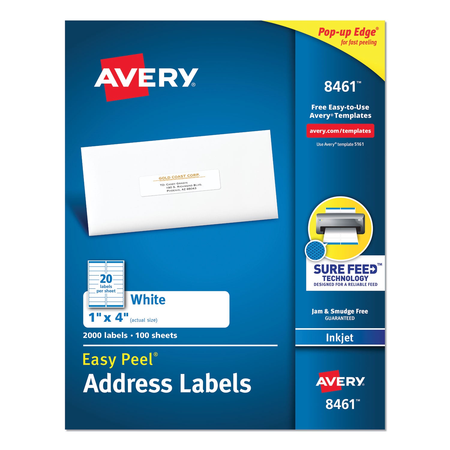 Easy Peel White Address Labels w/ Sure Feed Technology, Inkjet Printers, 1 x 4, White, 20/Sheet, 100 Sheets/Box